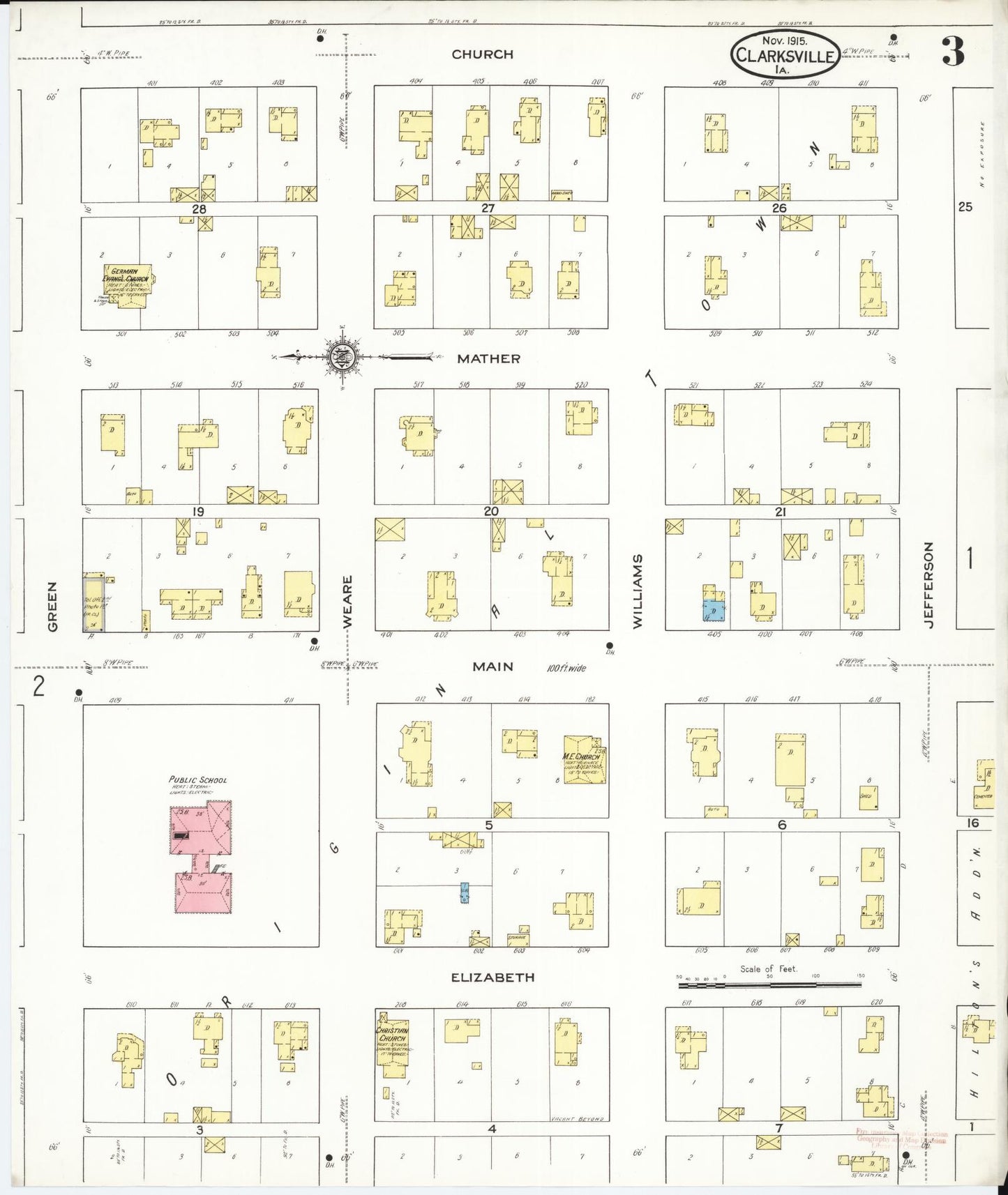 Sanborn Fire Insurance Map from Clarksville, Butler County, Iowa (1915), Sheet #0003 - Historic Sanborn Fire Insurance Map Print, vintage old map wall art