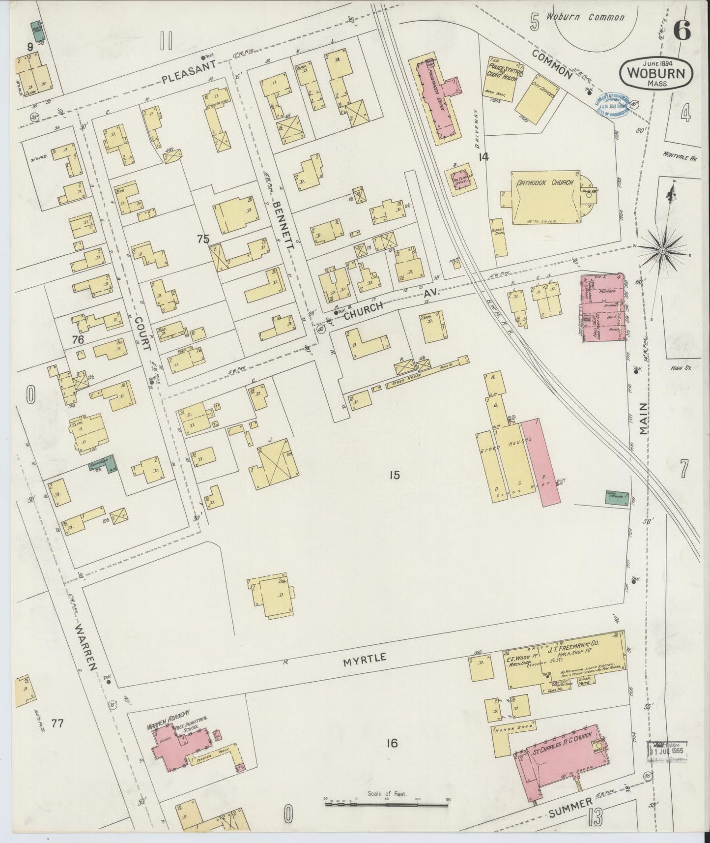 Sanborn Fire Insurance Map from Woburn, Middlesex County, Massachusetts (1894), Sheet #0006 - Historic Sanborn Fire Insurance Map Print, vintage old map wall art, antique decor, genealogy gift, Massachusetts Massachusetts map