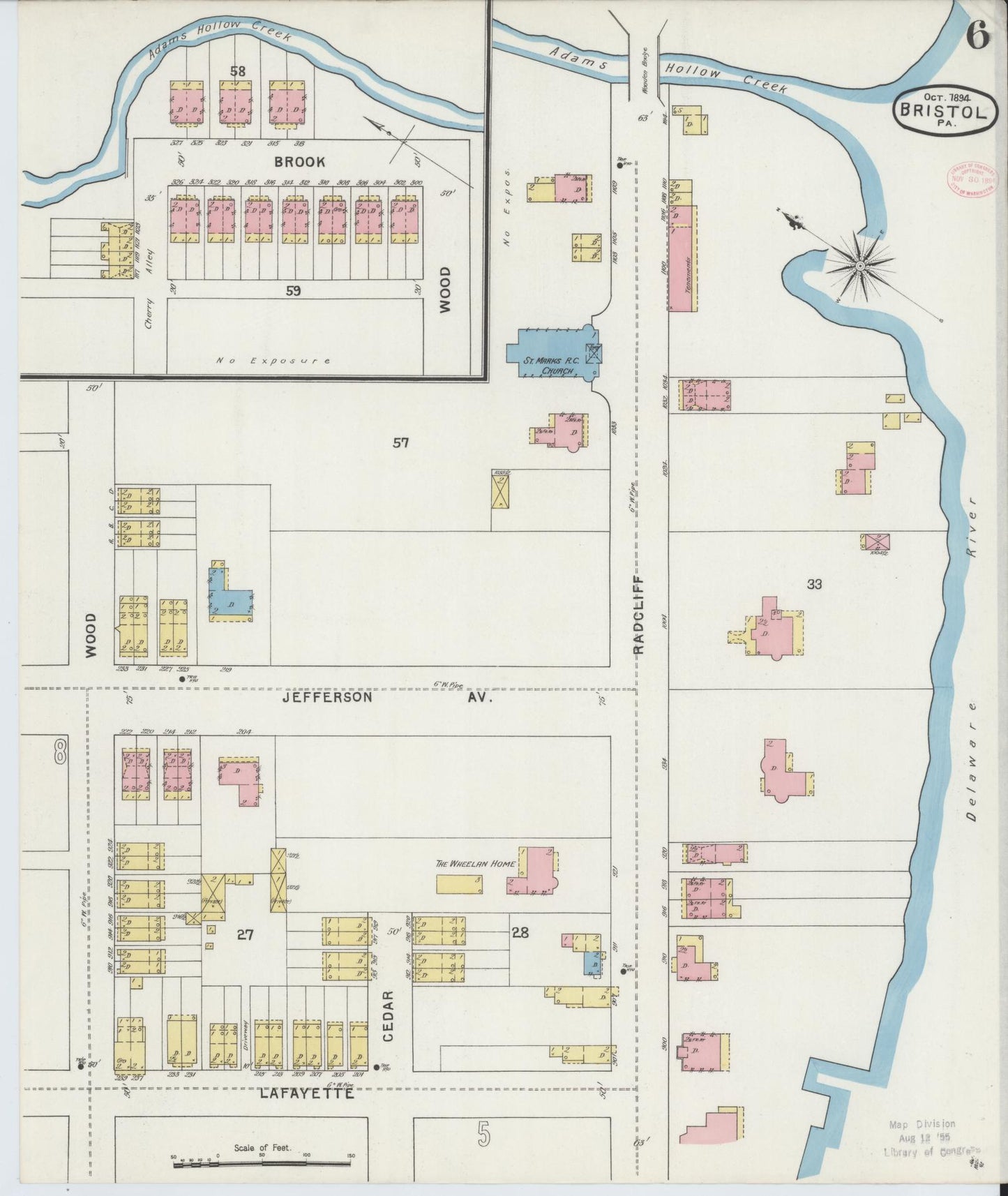 Sanborn Fire Insurance Map from Bristol, Bucks County, Pennsylvania (1894), Sheet #0006 - Historic Sanborn Fire Insurance Map Print, vintage old map wall art, antique decor, genealogy gift, Pennsylvania Pennsylvania map