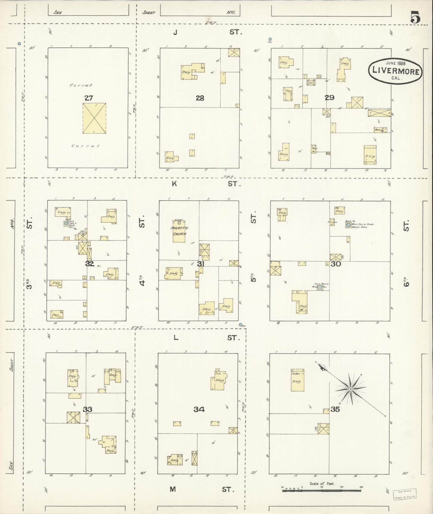 Sanborn Fire Insurance Map from Livermore, Alameda County, California (1888), Sheet #0005 - Historic Sanborn Fire Insurance Map Print, vintage old map wall art, antique decor, genealogy gift, California California map