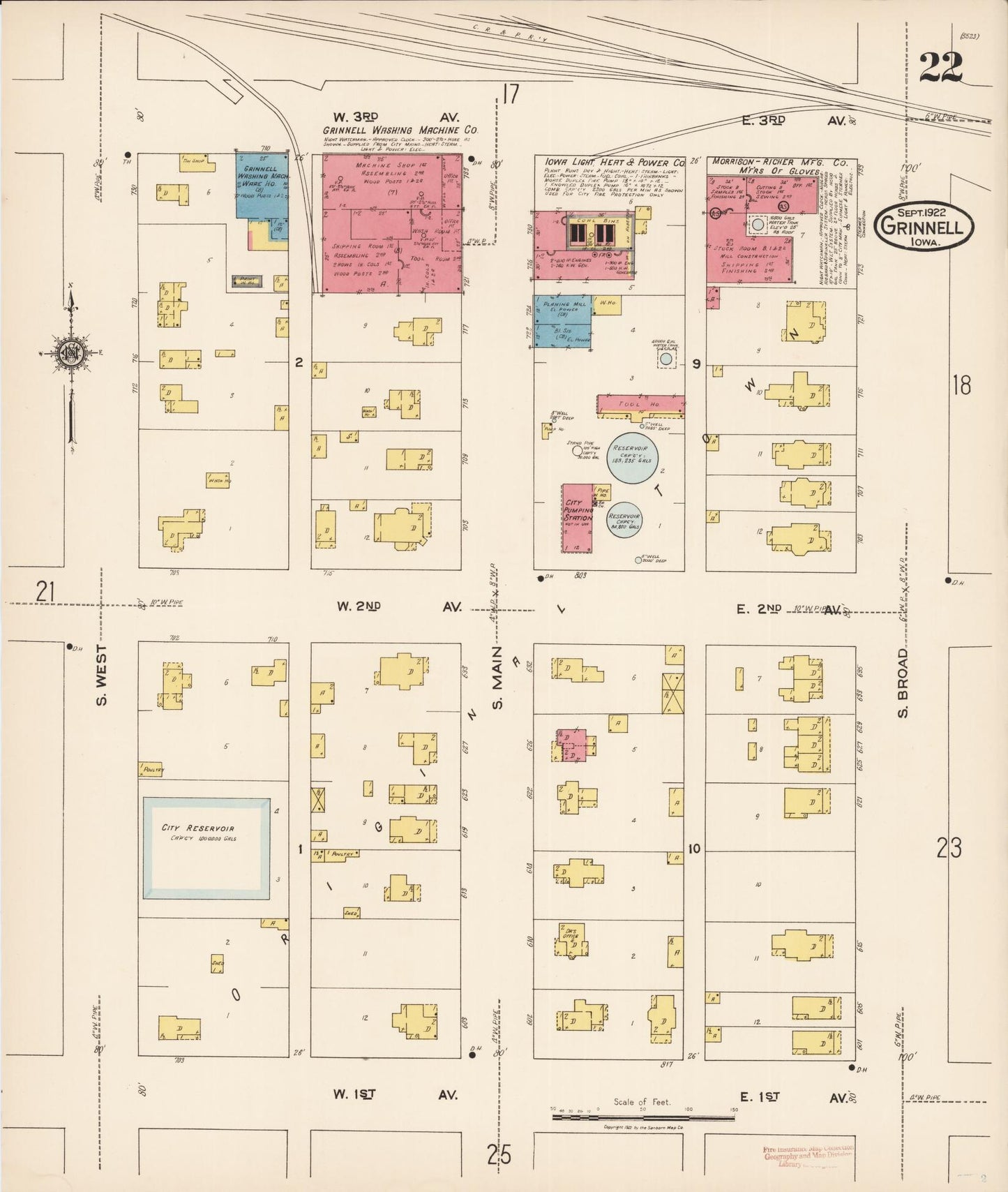 Sanborn Fire Insurance Map from Grinnell, Poweshiek County, Iowa (1922), Sheet #0022 - Historic Sanborn Fire Insurance Map Print, vintage old map wall art