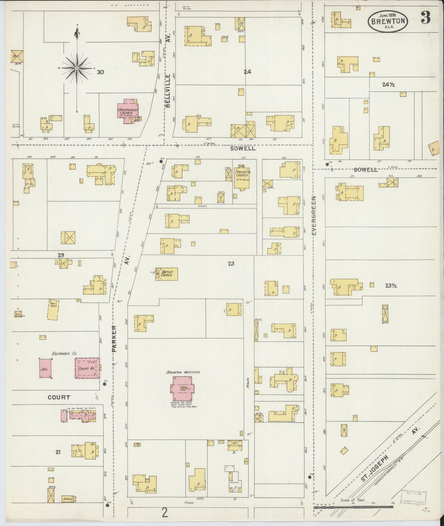 Sanborn Fire Insurance Map from Brewton, Escambia County, Alabama (1898), Sheet #0003 - Historic Sanborn Fire Insurance Map Print, vintage old map wall art, antique decor, genealogy gift, Alabama Alabama map