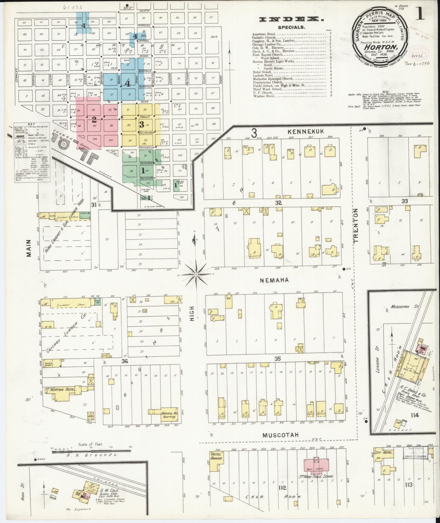Sanborn Fire Insurance Map from Horton, Brown County, Kansas (1896), Sheet #0001 - Historic Sanborn Fire Insurance Map Print, vintage old map wall art, antique decor, genealogy gift, Kansas Kansas map