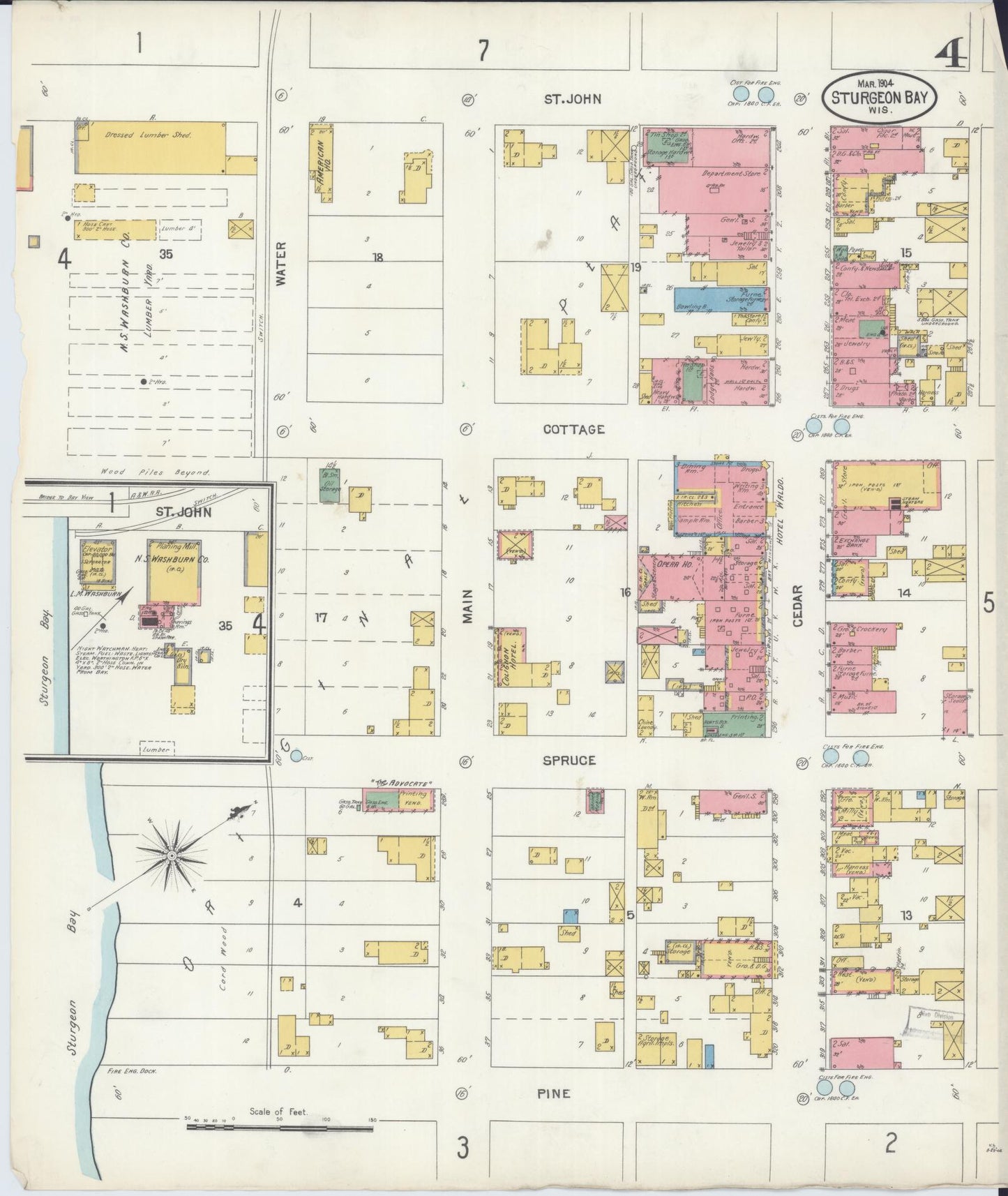 Sanborn Fire Insurance Map from Sturgeon Bay, Door County, Wisconsin (1904), Sheet #0004 - Historic Sanborn Fire Insurance Map Print, vintage old map wall art, antique decor, genealogy gift, Wisconsin Wisconsin map