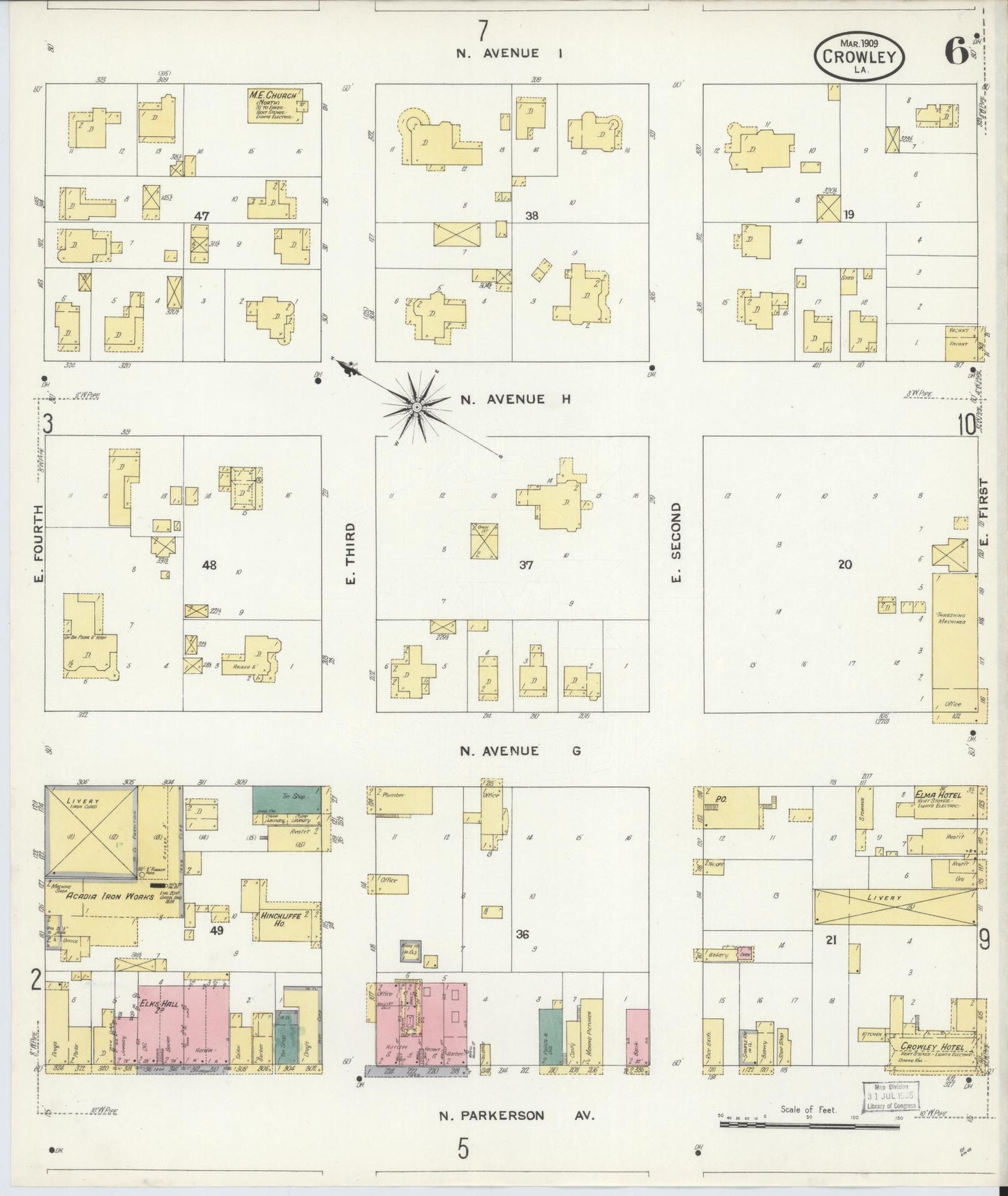 Sanborn Fire Insurance Map from Crowley, Acadia Parish, Louisiana (1909), Sheet #0006 - Historic Sanborn Fire Insurance Map Print, vintage old map wall art, antique decor, genealogy gift, Louisiana Louisiana map
