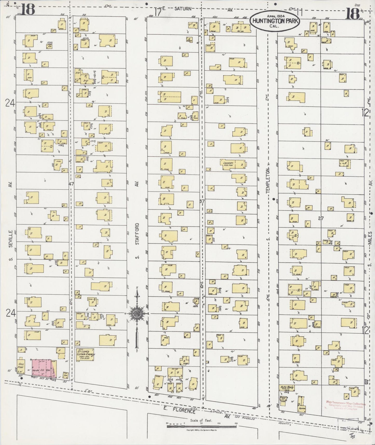 Sanborn Fire Insurance Map from Huntington Park, Los Angeles County, California (1924), Sheet #0018 - Historic Sanborn Fire Insurance Map Print, vintage old map wall art, antique decor, genealogy gift, California California map