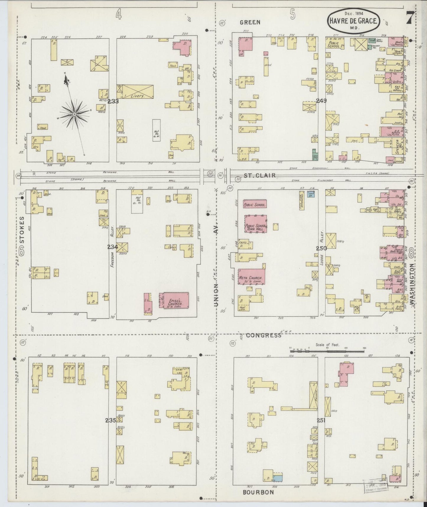 Sanborn Fire Insurance Map from Havre De Grace, Harford County, Maryland (1894), Sheet #0007 - Historic Sanborn Fire Insurance Map Print, vintage old map wall art