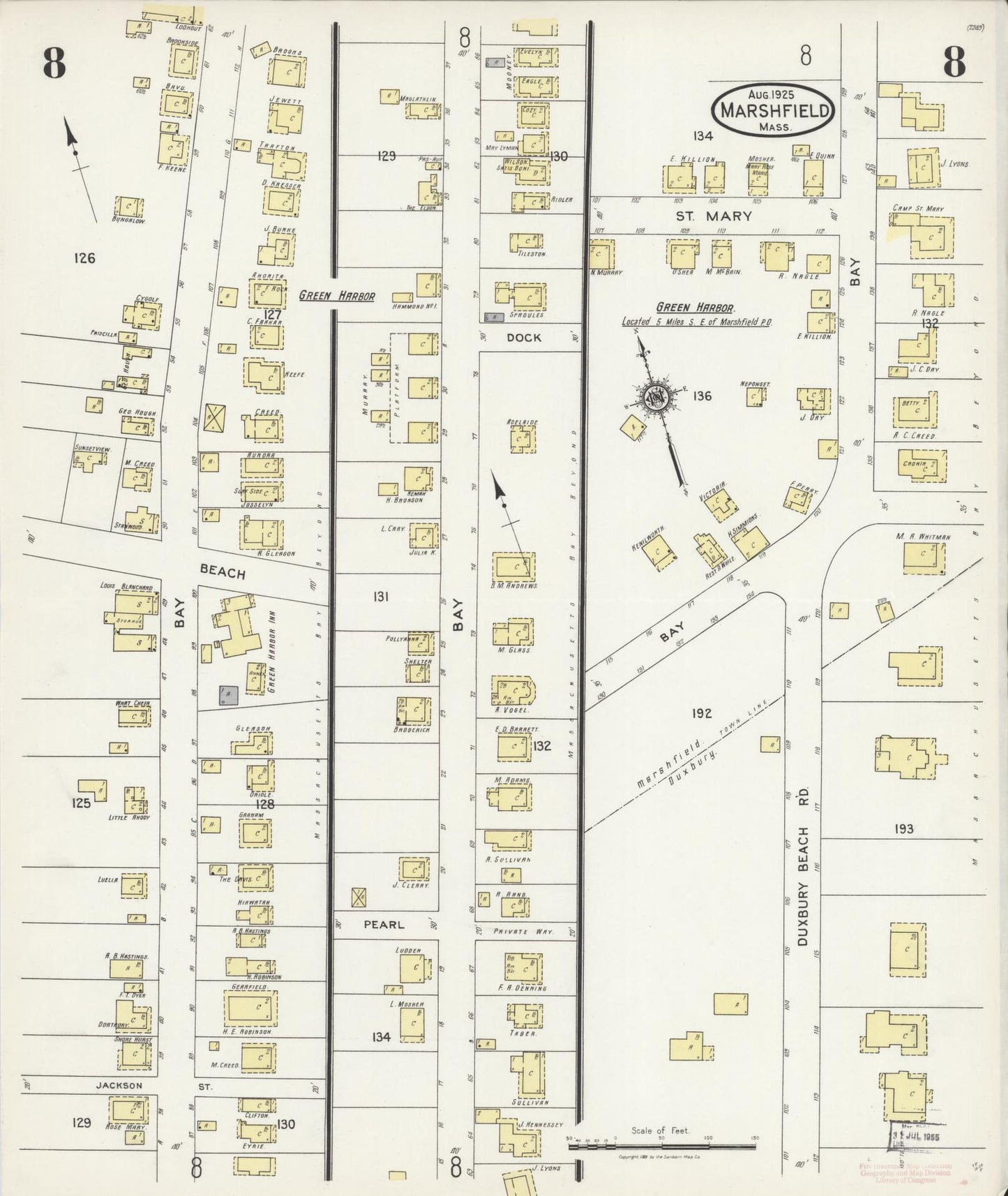 Sanborn Fire Insurance Map from Marshfield, Plymouth County, Massachusetts (1925), Sheet #0008 - Historic Sanborn Fire Insurance Map Print, vintage old map wall art, antique decor, genealogy gift, Massachusetts Massachusetts map