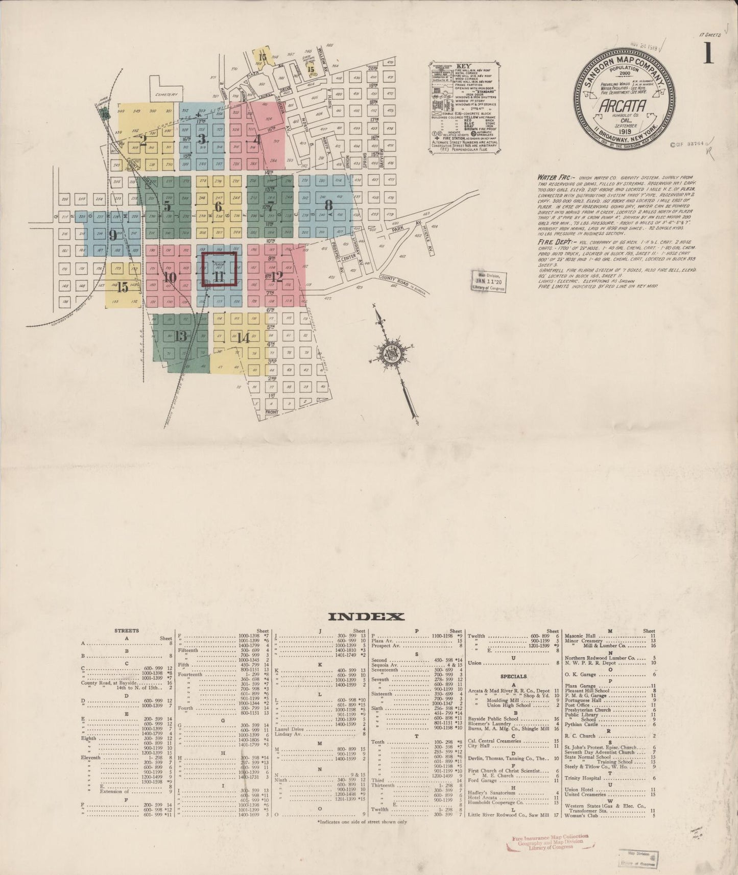 Sanborn Fire Insurance Map from Arcata, Humboldt County, California (1919), Sheet #0001 - Historic Sanborn Fire Insurance Map Print, vintage old map wall art, antique decor, genealogy gift, California California map