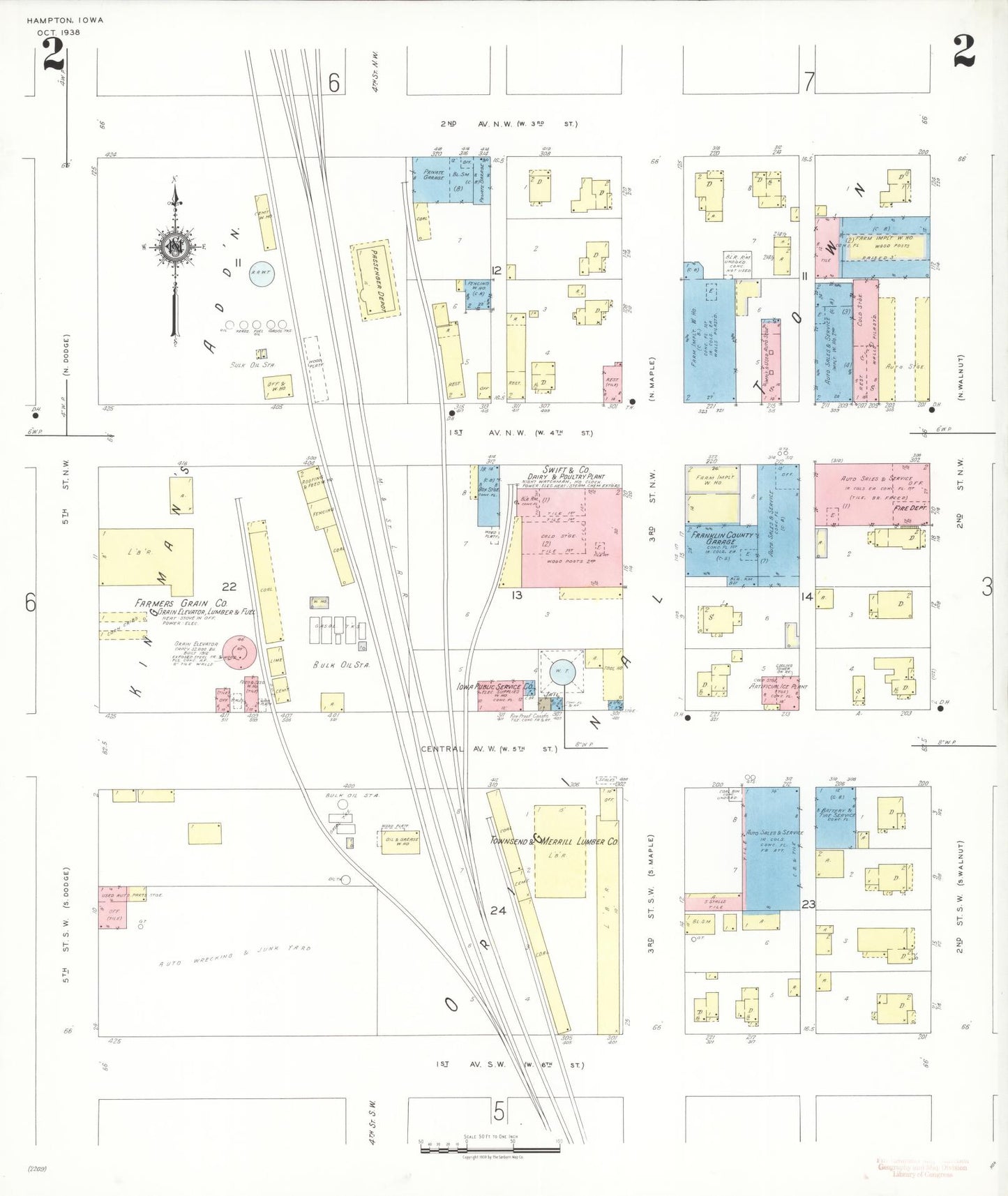 Sanborn Fire Insurance Map from Hampton, Franklin County, Iowa (1938), Sheet #0002 - Historic Sanborn Fire Insurance Map Print, vintage old map wall art
