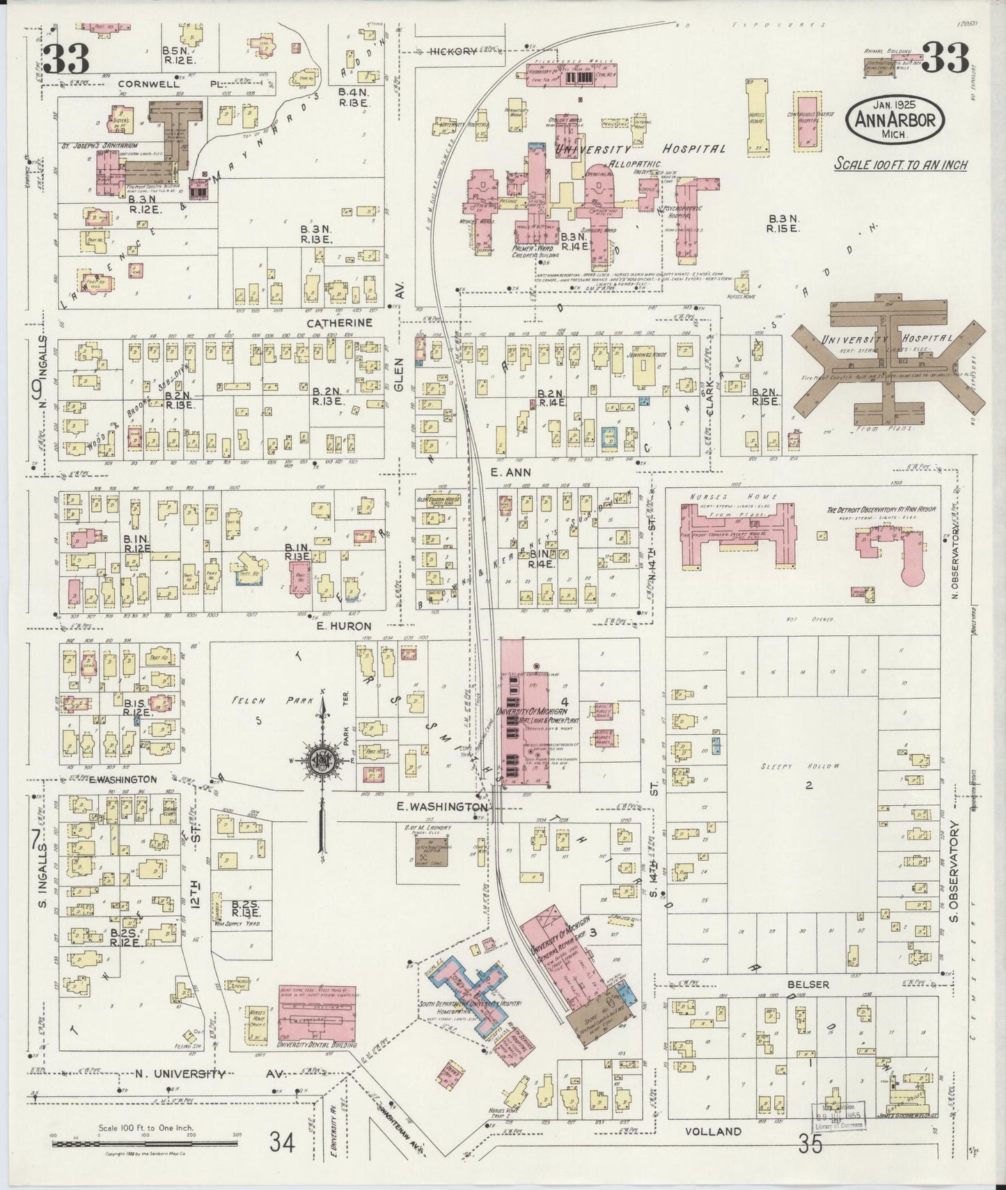 Sanborn Fire Insurance Map from Ann Arbor, Washtenaw County, Michigan (1925), Sheet #0033 - Historic Sanborn Fire Insurance Map Print, vintage old map wall art, antique decor, genealogy gift, Michigan Michigan map
