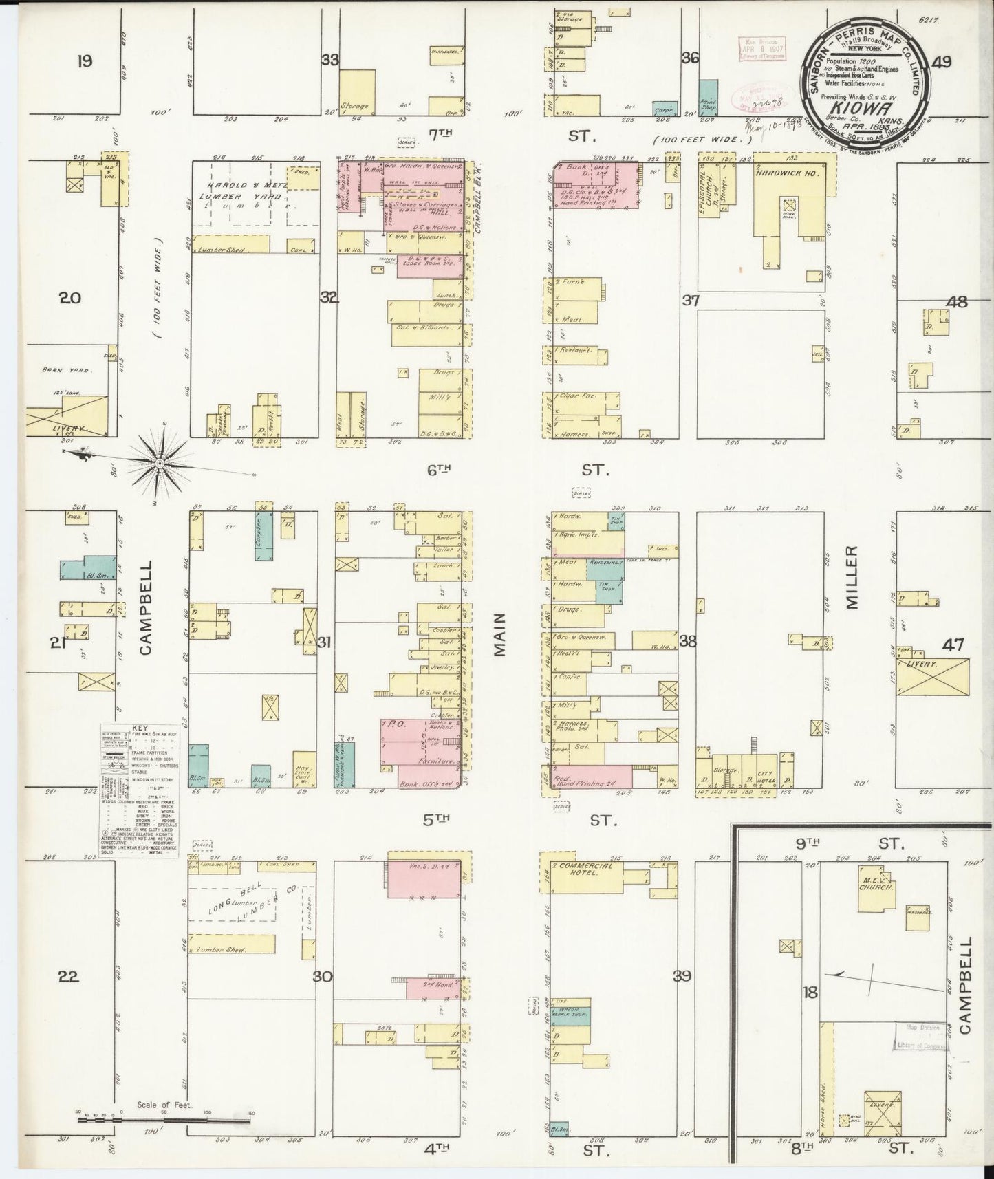 Sanborn Fire Insurance Map from Kiowa, Barber County, Kansas (1893), Sheet #0001 - Historic Sanborn Fire Insurance Map Print, vintage old map wall art, antique decor, genealogy gift, Kansas Kansas map