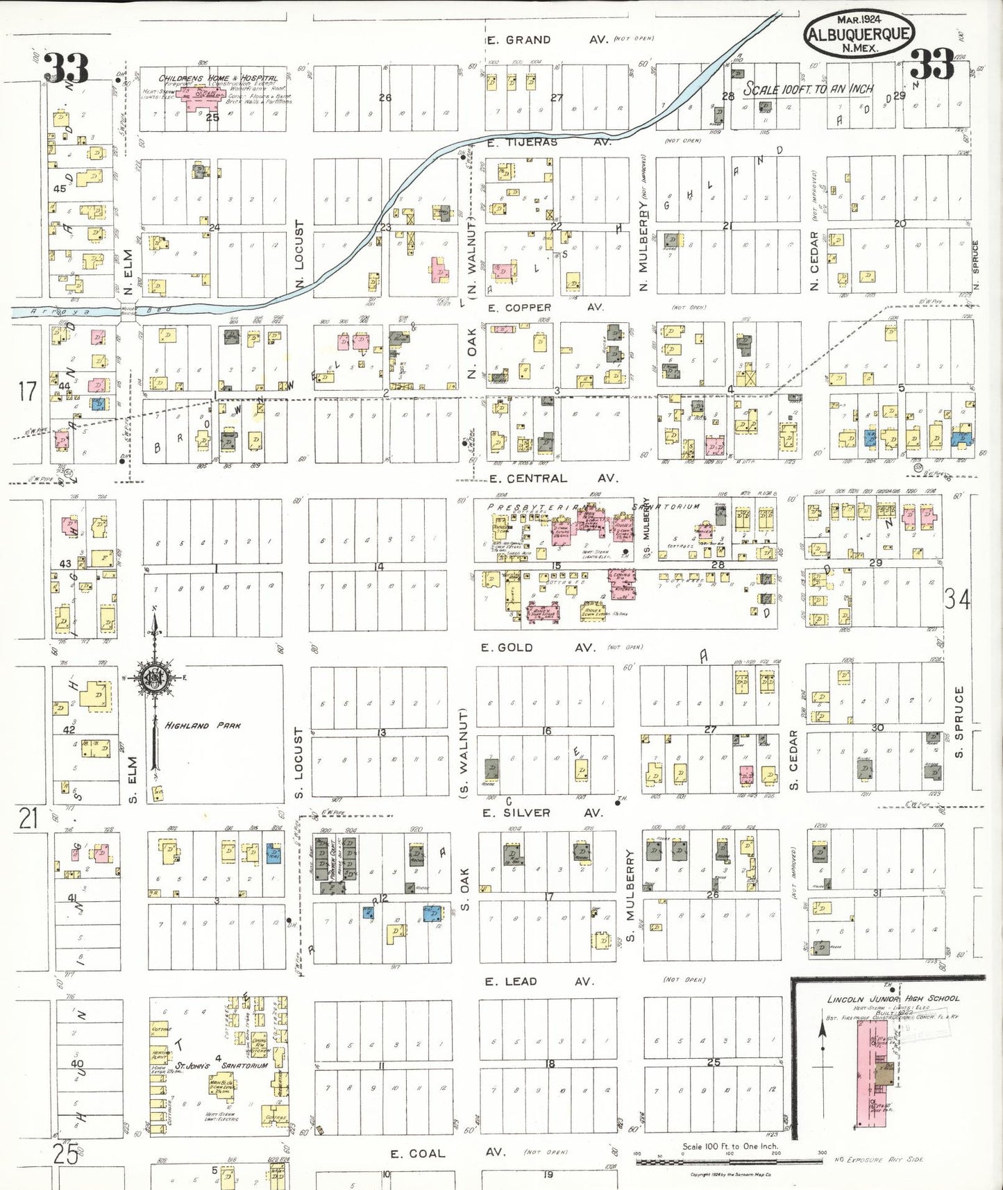 Sanborn Fire Insurance Map from Albuquerque, Bernalillo County, New Mexico (1924), Sheet #0033 - Historic Sanborn Fire Insurance Map Print, vintage old map wall art, antique decor, genealogy gift, New Mexico New Mexico map