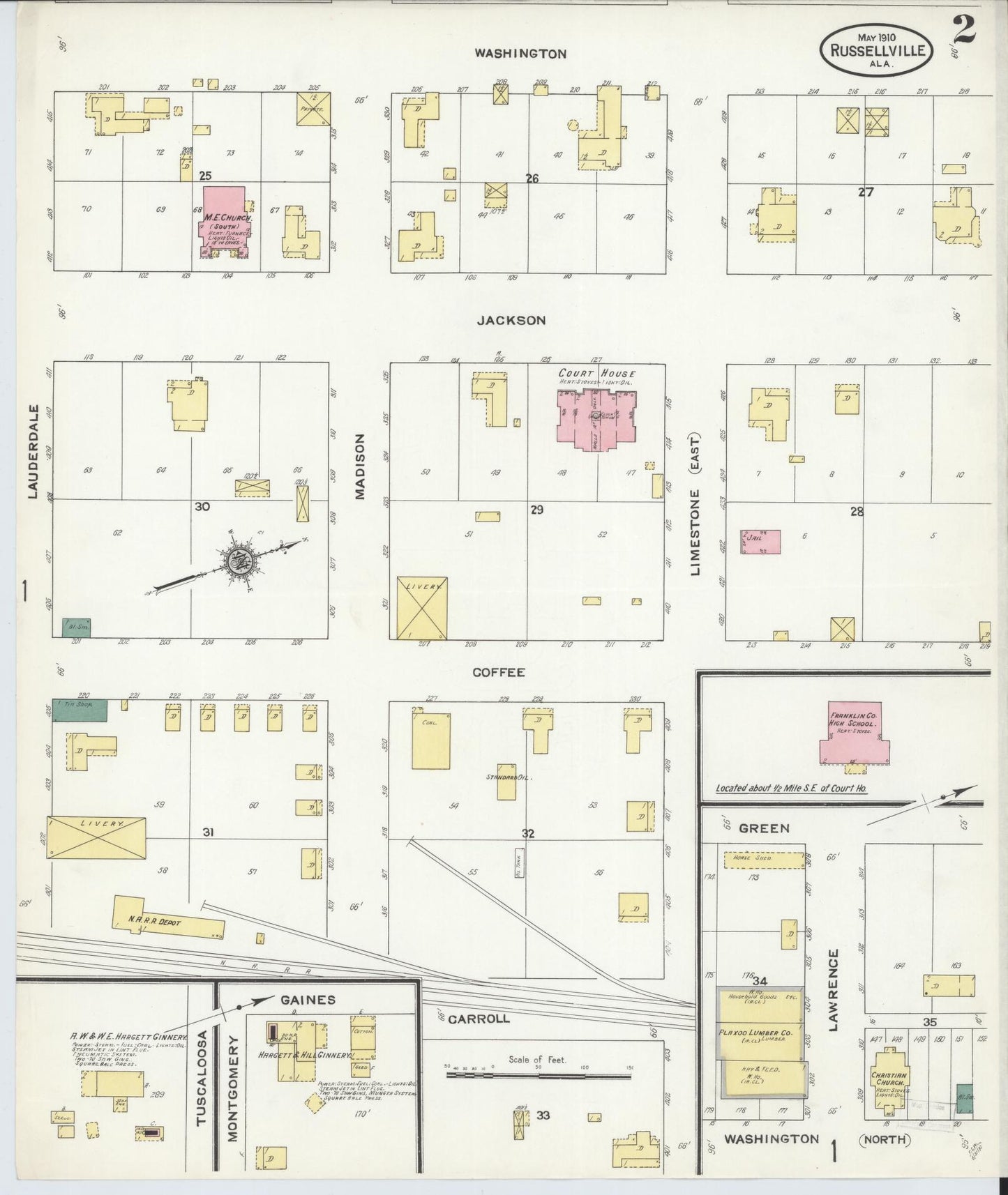 Sanborn Fire Insurance Map from Russellville, Franklin County, Alabama (1910), Sheet #0002 - Complete Map Set gallery image, historic Sanborn map, vintage wall art, Alabama Alabama