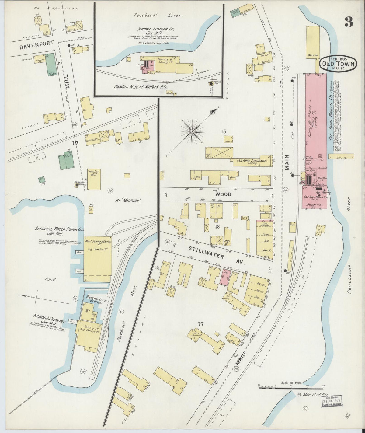 Sanborn Fire Insurance Map from Old Town, Penobscot County, Maine (1895), Sheet #0003 - Historic Sanborn Fire Insurance Map Print, vintage old map wall art, antique decor, genealogy gift, Maine Maine map