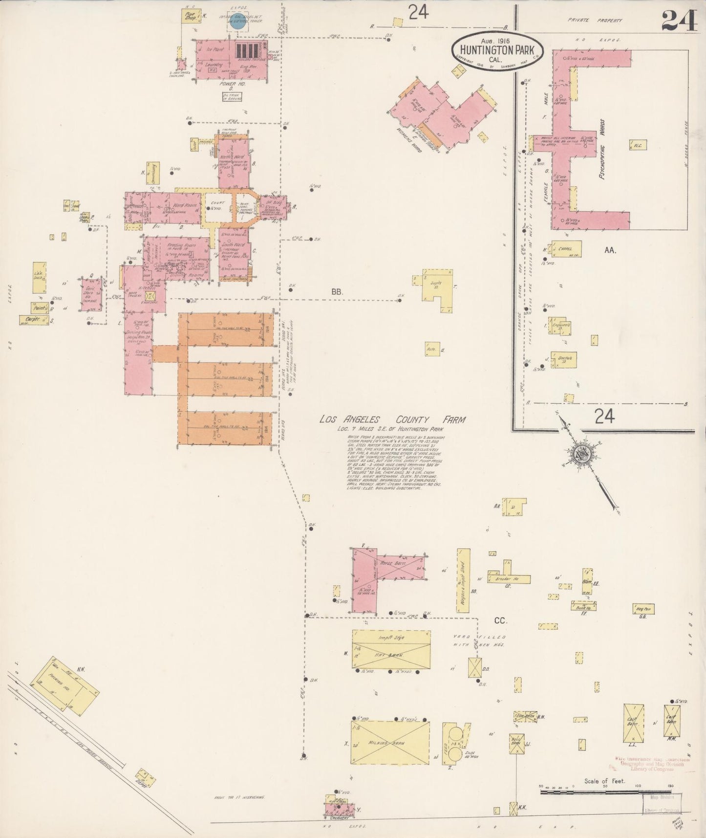 Sanborn Fire Insurance Map from Huntington Park, Los Angeles County, California (1916), Sheet #0024 - Historic Sanborn Fire Insurance Map Print, vintage old map wall art, antique decor, genealogy gift, California California map