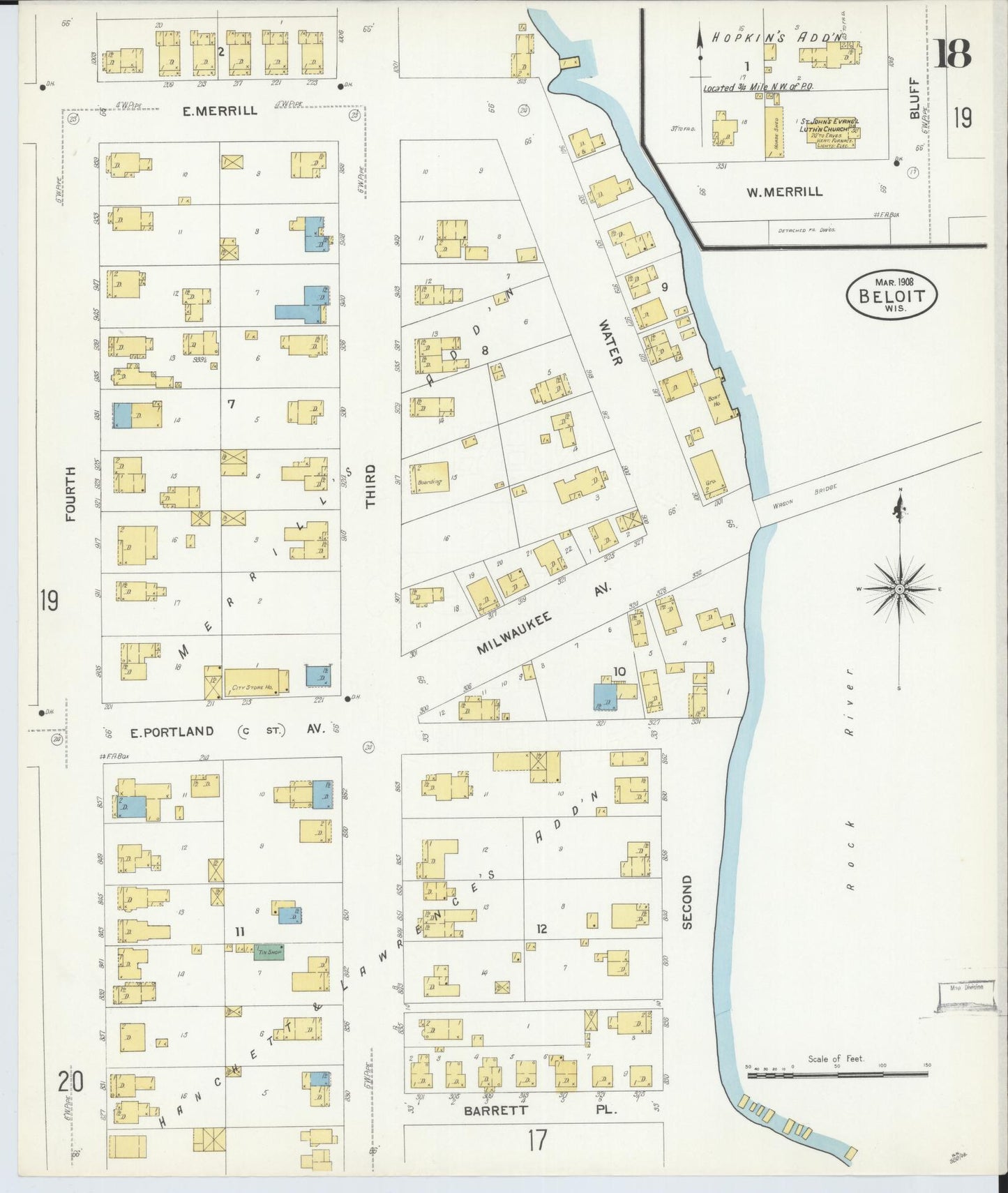 Sanborn Fire Insurance Map from Beloit, Rock County, Wisconsin (1908), Sheet #0018 - Historic Sanborn Fire Insurance Map Print, vintage old map wall art, antique decor, genealogy gift, Wisconsin Wisconsin map