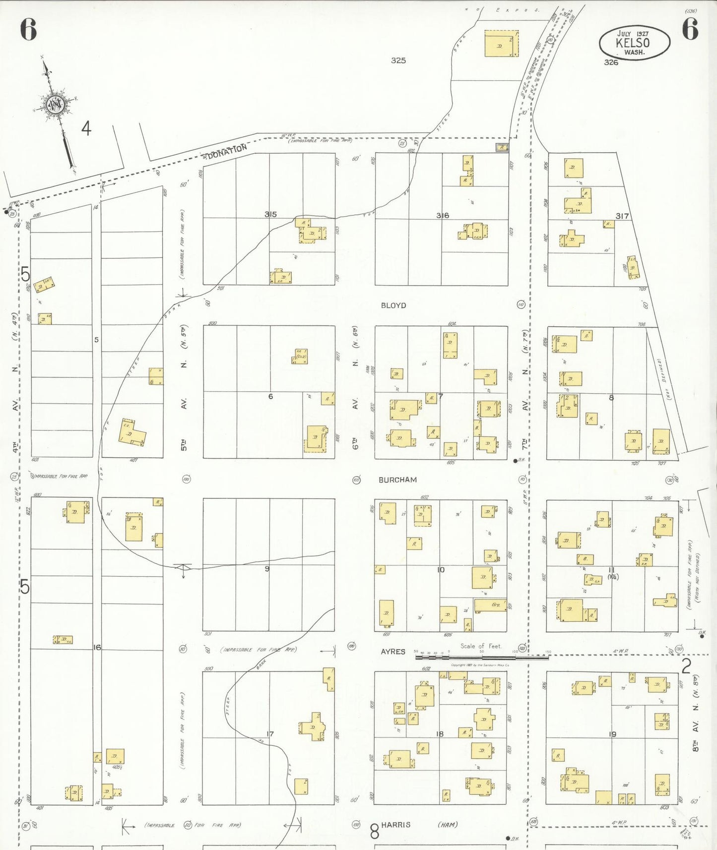 Sanborn Fire Insurance Map from Kelso, Cowlitz County, Washington (1927), Sheet #0006 - Historic Sanborn Fire Insurance Map Print, vintage old map wall art, antique decor, genealogy gift, Washington Washington map