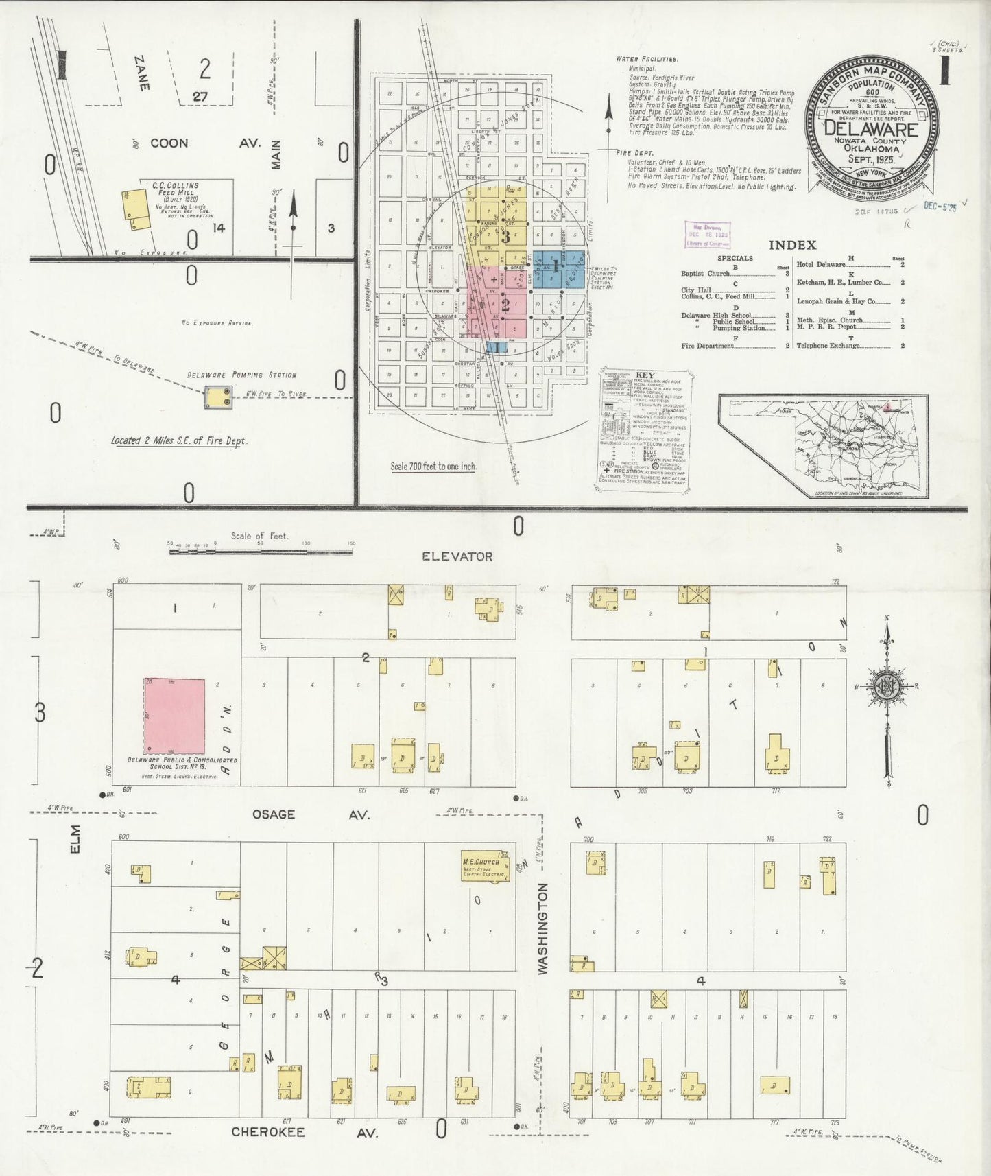 Sanborn Fire Insurance Map from Delaware, Nowata County, Oklahoma (1925), Sheet #0001 - Historic Sanborn Fire Insurance Map Print, vintage old map wall art, antique decor, genealogy gift, Oklahoma Oklahoma map