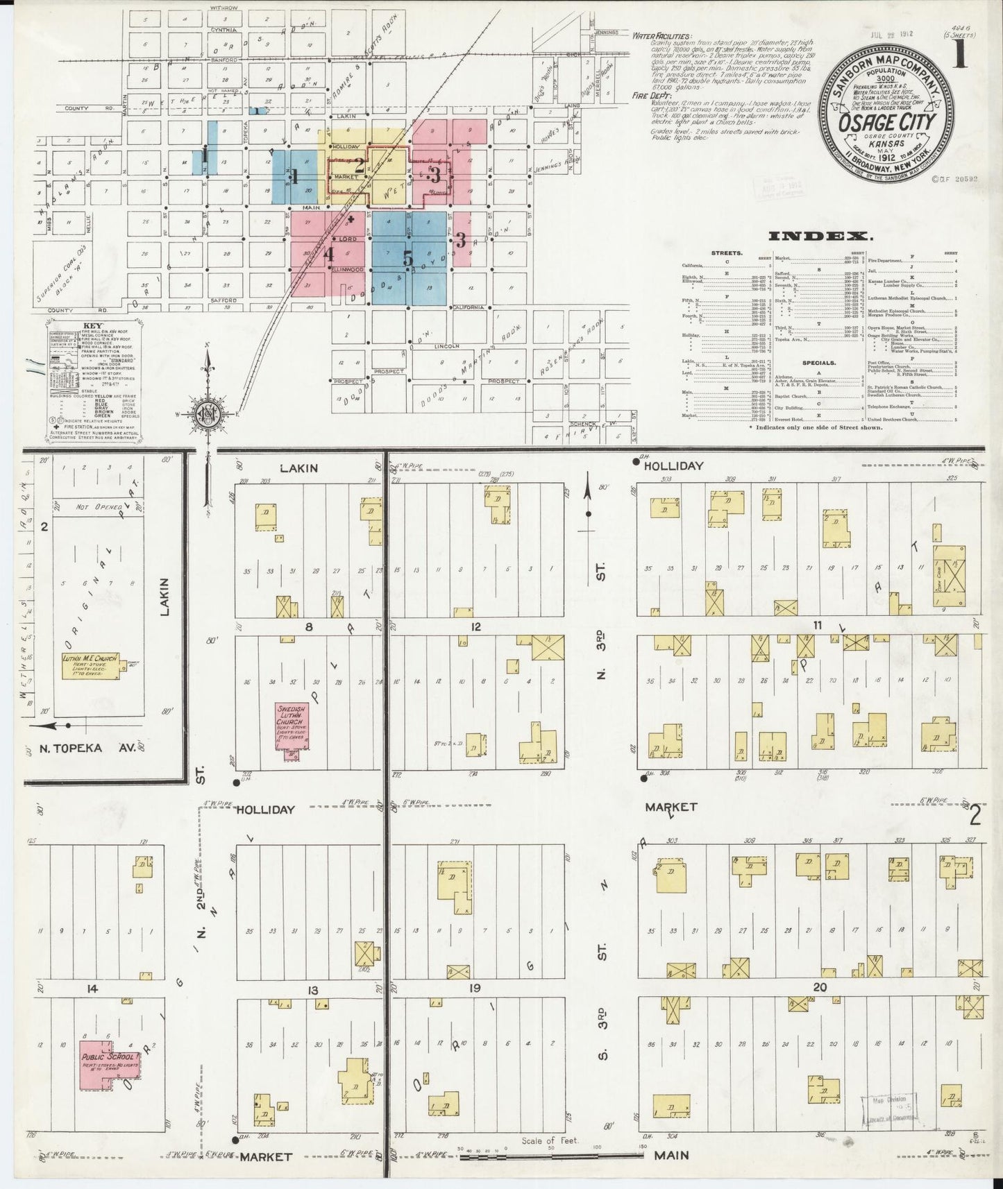 Sanborn Fire Insurance Map from Osage City, Osage County, Kansas (1912), Sheet #0001 - Historic Sanborn Fire Insurance Map Print, vintage old map wall art, antique decor, genealogy gift, Kansas Kansas map