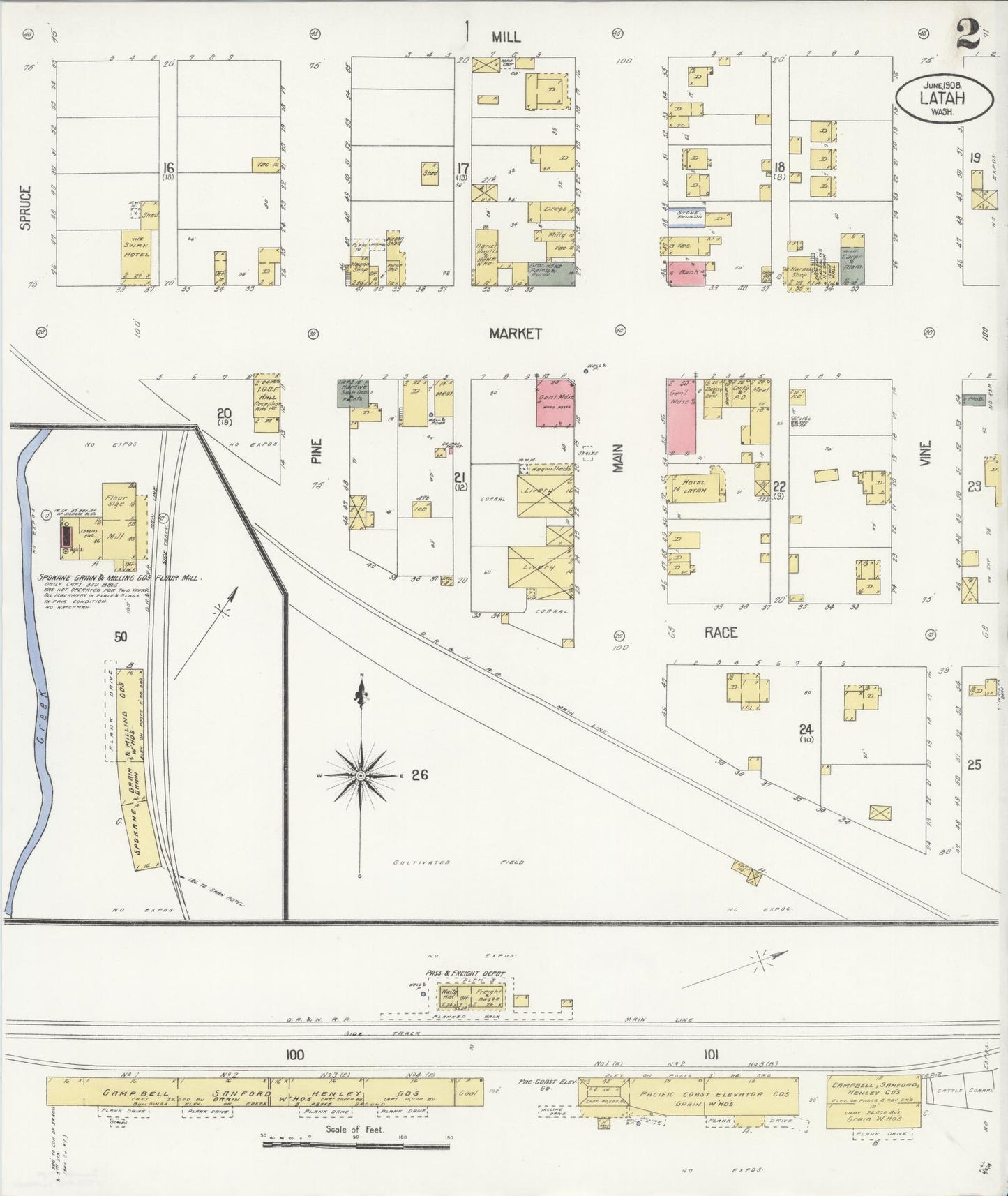 Sanborn Fire Insurance Map from Latah, Spokane County, Washington (1908), Sheet #0002 - Historic Sanborn Fire Insurance Map Print, vintage old map wall art, antique decor, genealogy gift, Washington Washington map