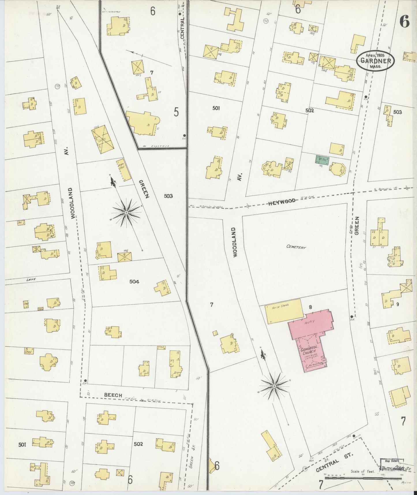 Sanborn Fire Insurance Map from Gardner, Worcester County, Massachusetts (1905), Sheet #0006 - Historic Sanborn Fire Insurance Map Print, vintage old map wall art, antique decor, genealogy gift, Massachusetts Massachusetts map