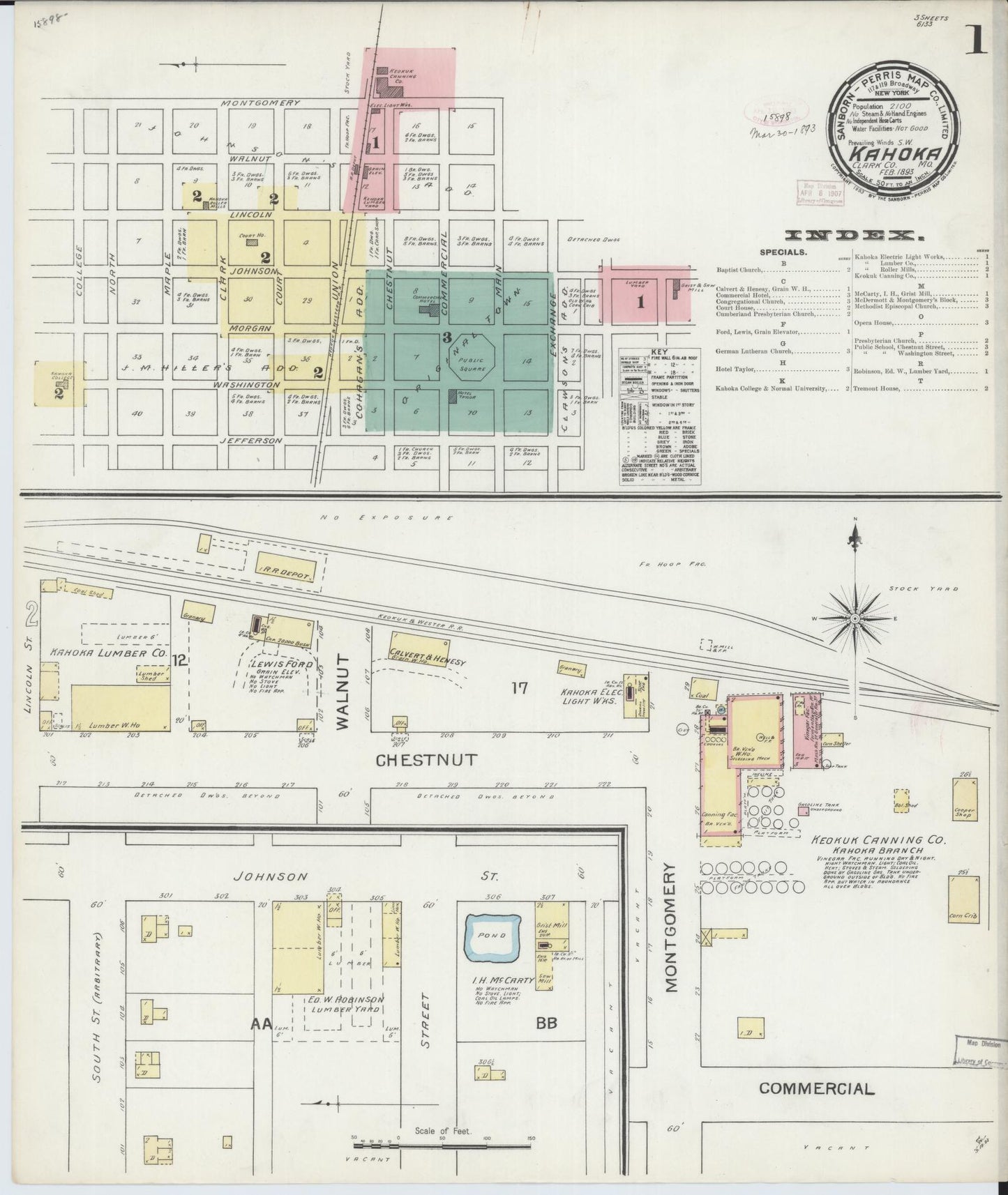 Sanborn Fire Insurance Map from Kahoka, Clark County, Missouri (1893), Sheet #0001 - Historic Sanborn Fire Insurance Map Print, vintage old map wall art, antique decor, genealogy gift, Missouri Missouri map