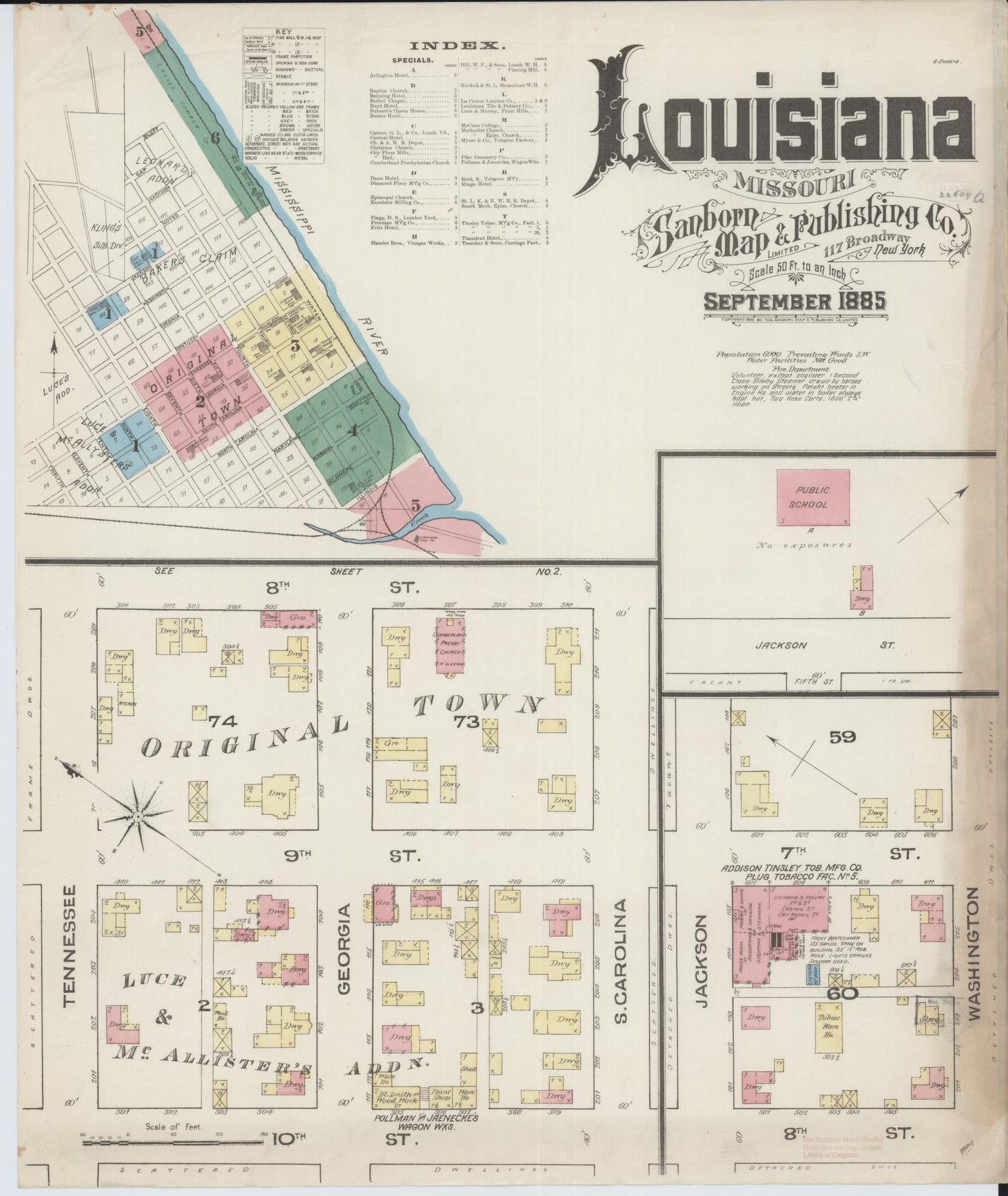 Sanborn Fire Insurance Map from Louisiana, Pike County, Missouri (1885), Sheet #0001 - Historic Sanborn Fire Insurance Map Print, vintage old map wall art, antique decor, genealogy gift, Missouri Missouri map