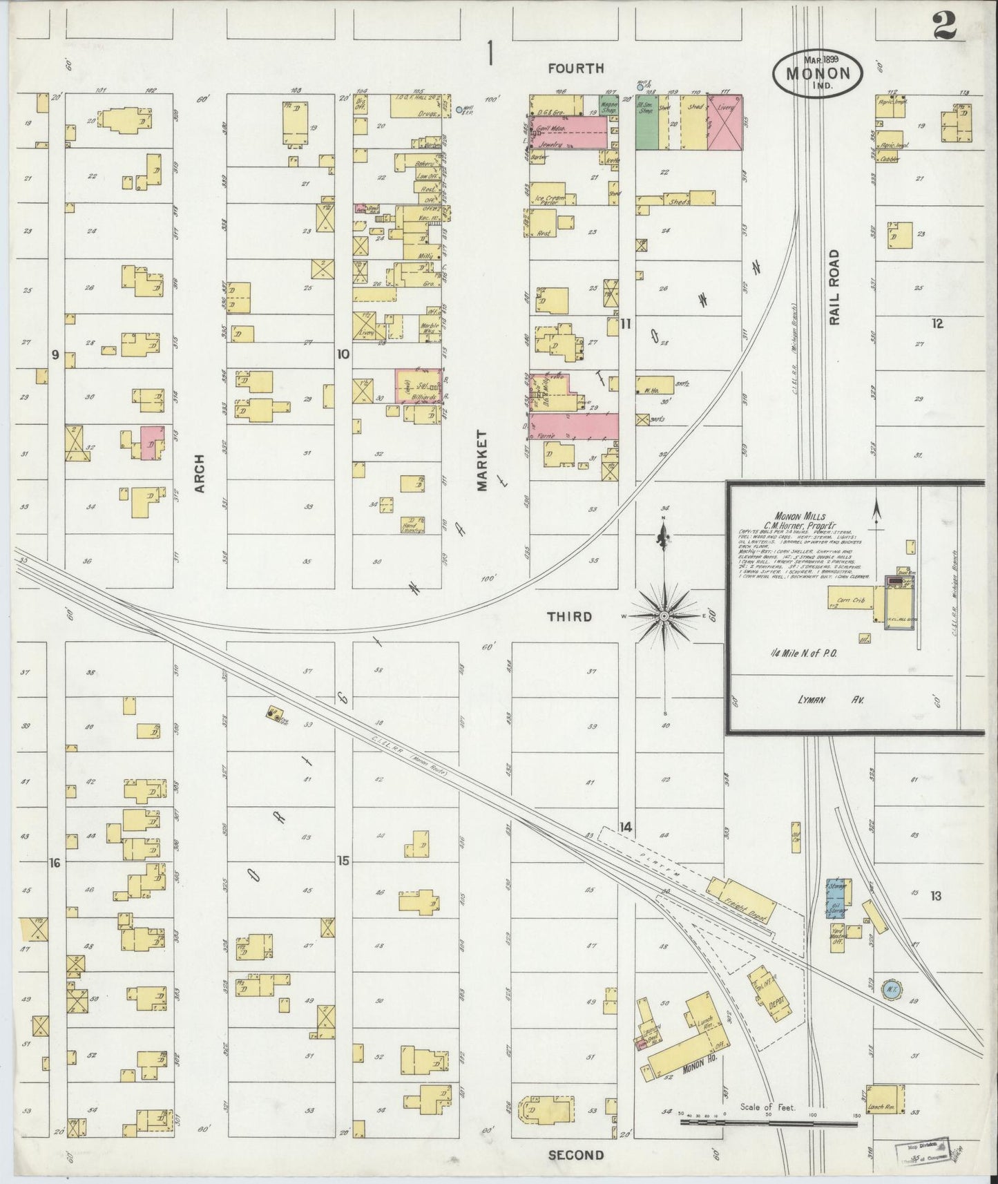 Sanborn Fire Insurance Map from Monon, White County, Indiana (1899), Sheet #0002 - Complete Map Set gallery image, historic Sanborn map, vintage wall art, Indiana Indiana