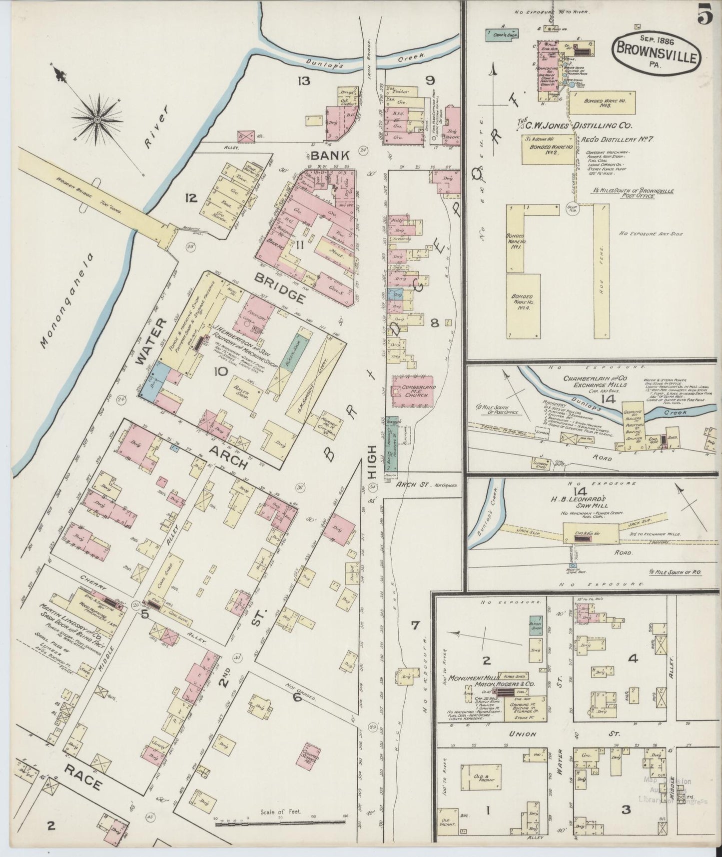 Sanborn Fire Insurance Map from Brownsville, Fayette County, Pennsylvania (1886), Sheet #0005 - Historic Sanborn Fire Insurance Map Print, vintage old map wall art, antique decor, genealogy gift, Pennsylvania Pennsylvania map
