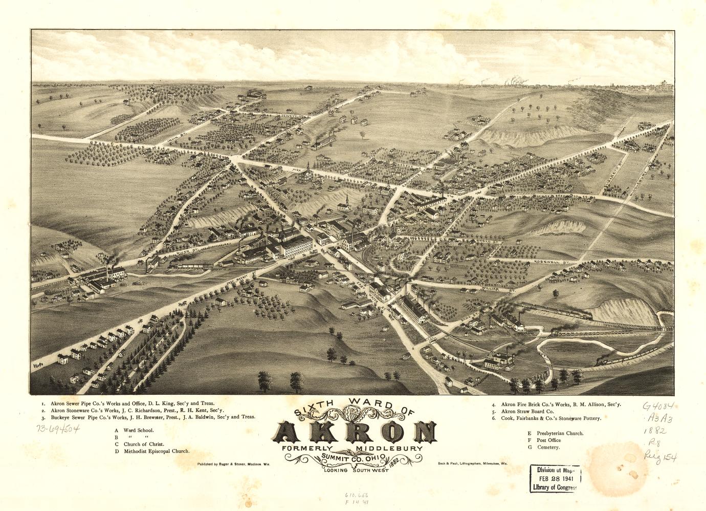 Sixth ward of Akron, formerly Middlebury, Summit Co., Ohio 1882. (1882) – Historic Bird’s-Eye View Panorama Print