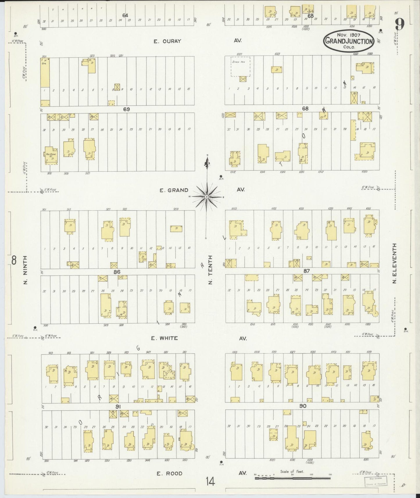 Sanborn Fire Insurance Map from Grand Junction, Mesa County, Colorado (1907), Sheet #0009 - Historic Sanborn Fire Insurance Map Print, vintage old map wall art, antique decor, genealogy gift, Colorado Colorado map