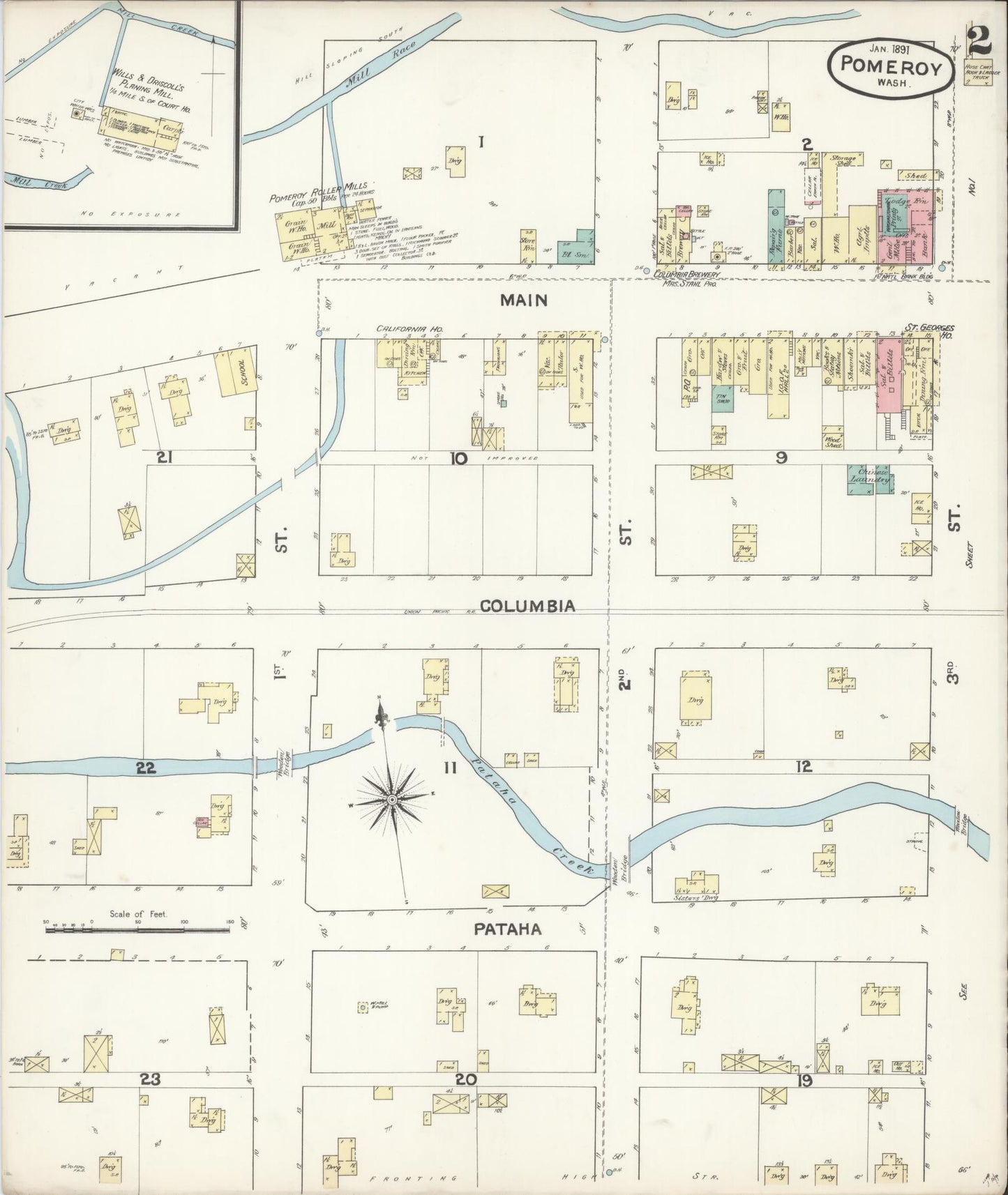 Sanborn Fire Insurance Map from Pomeroy, Garfield County, Washington (1891), Sheet #0002 - Complete Map Set gallery image, historic Sanborn map, vintage wall art, Washington Washington