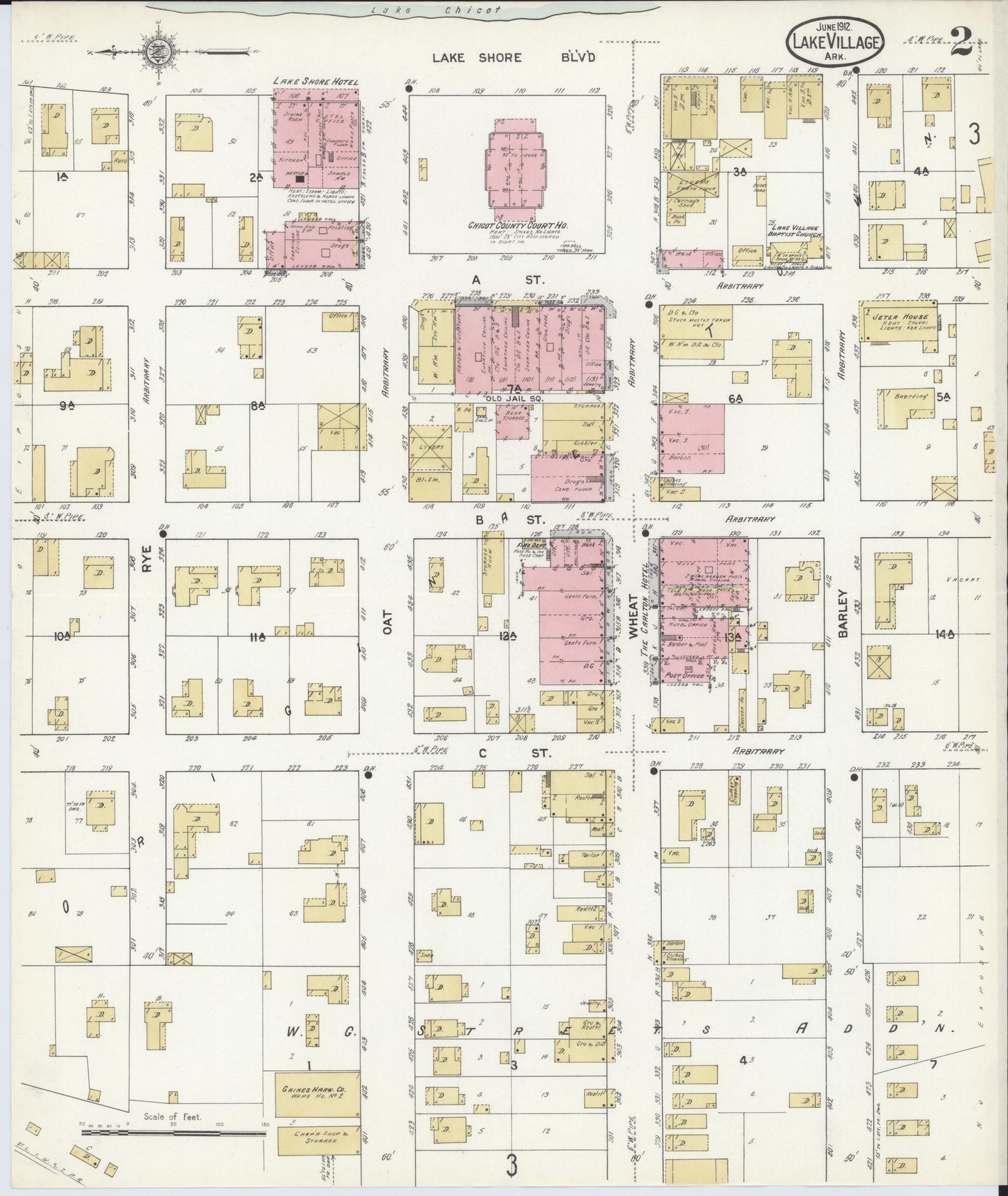 Sanborn Fire Insurance Map from Lake Village, Chicot County, Arkansas (1912), Sheet #0002 - Historic Sanborn Fire Insurance Map Print, vintage old map wall art, antique decor, genealogy gift, Arkansas Arkansas map