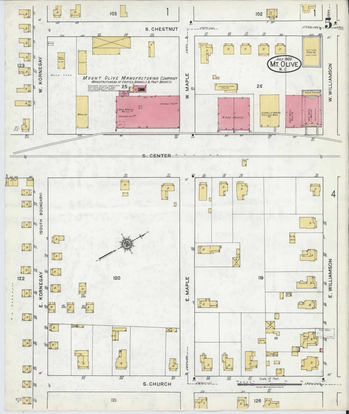 Sanborn Fire Insurance Map from Mount Olive, Wayne County, North Carolina (1920), Sheet #0005 - Historic Sanborn Fire Insurance Map Print, vintage old map wall art, antique decor, genealogy gift, North Carolina North Carolina map