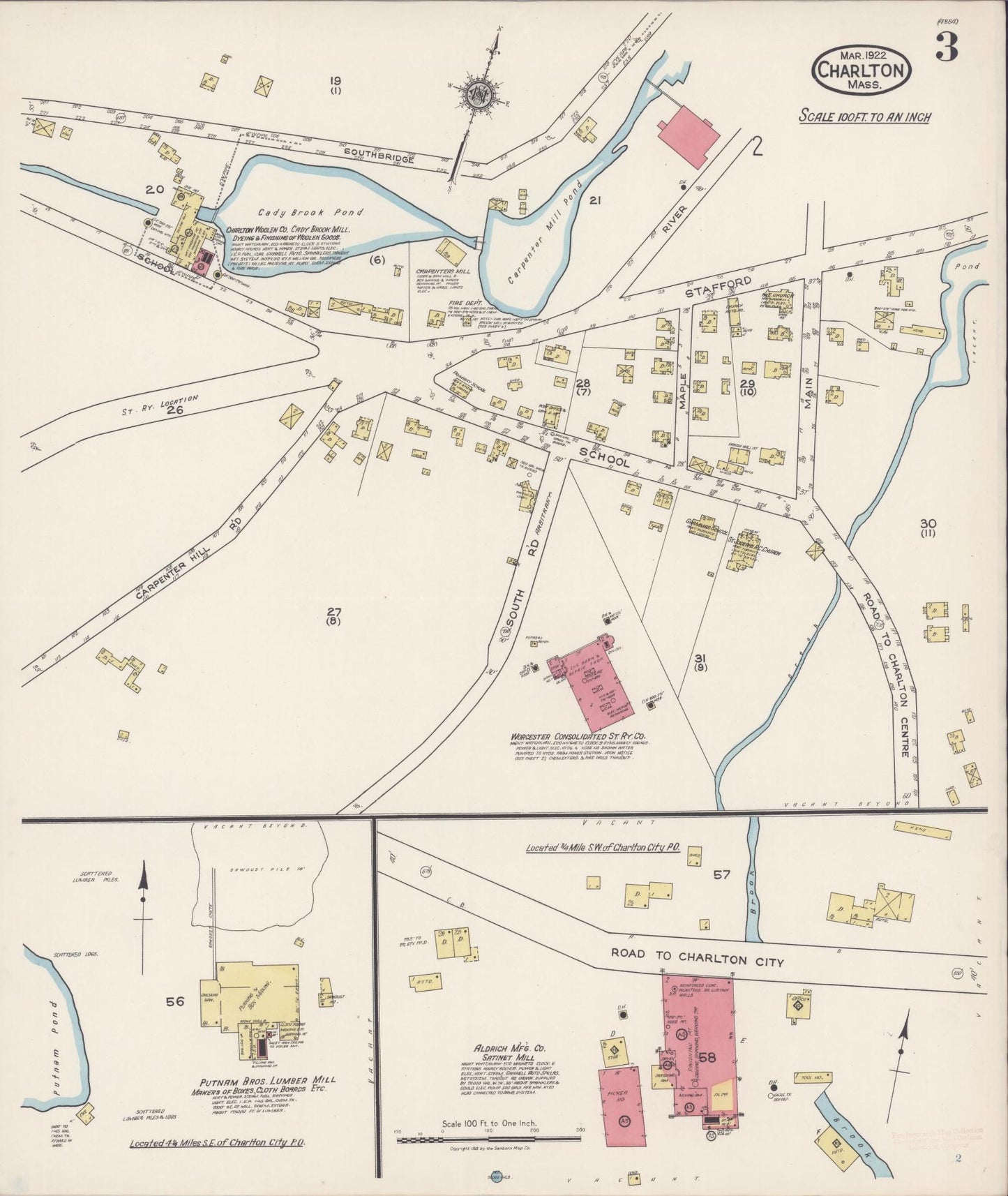 Sanborn Fire Insurance Map from Charlton, Worcester County, Massachusetts (1922), Sheet #0003 - Historic Sanborn Fire Insurance Map Print, vintage old map wall art, antique decor, genealogy gift, Massachusetts Massachusetts map