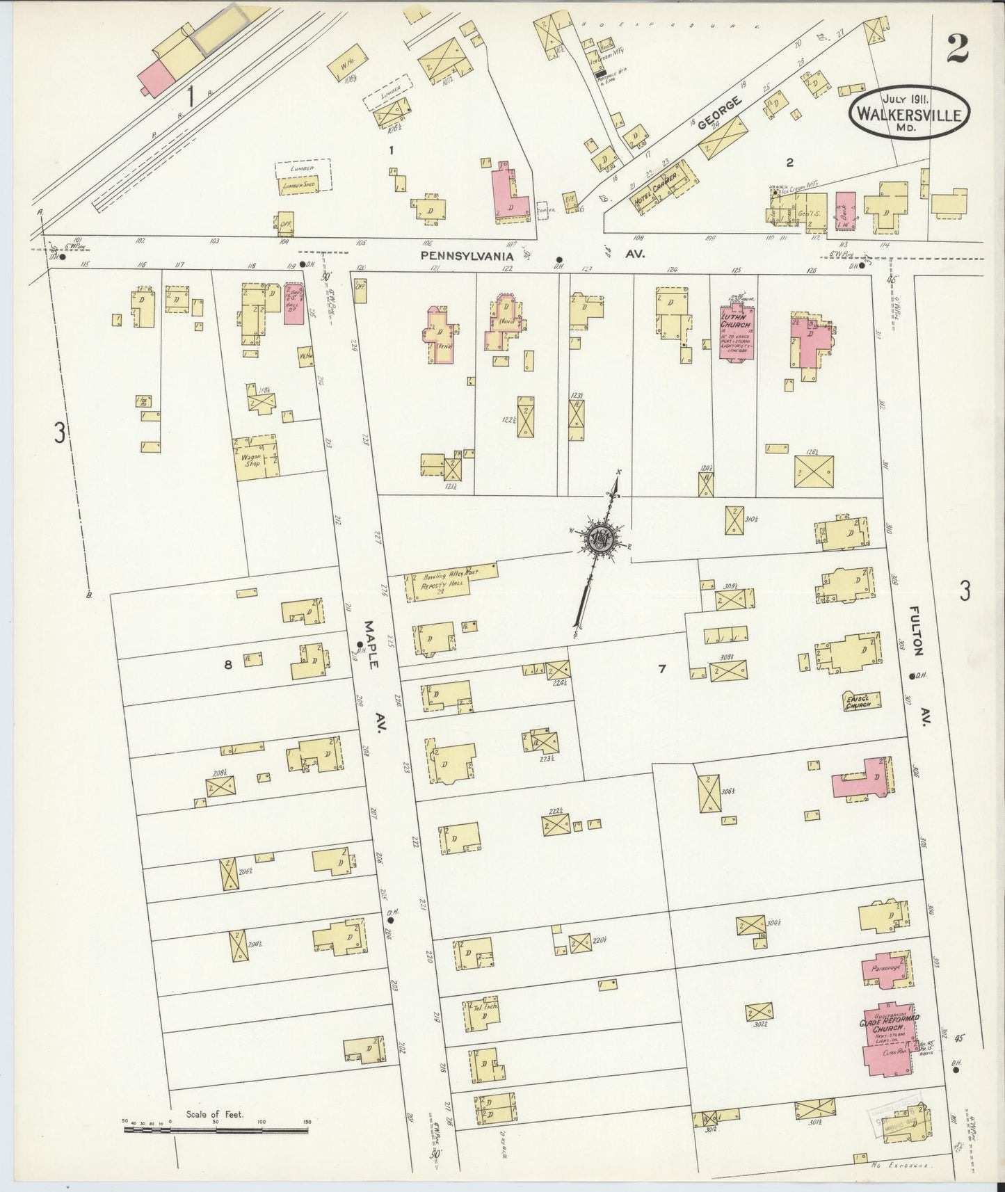 Sanborn Fire Insurance Map from Walkersville, Frederick County, Maryland (1911), Sheet #0002 - Historic Sanborn Fire Insurance Map Print, vintage old map wall art, antique decor, genealogy gift, Maryland Maryland map