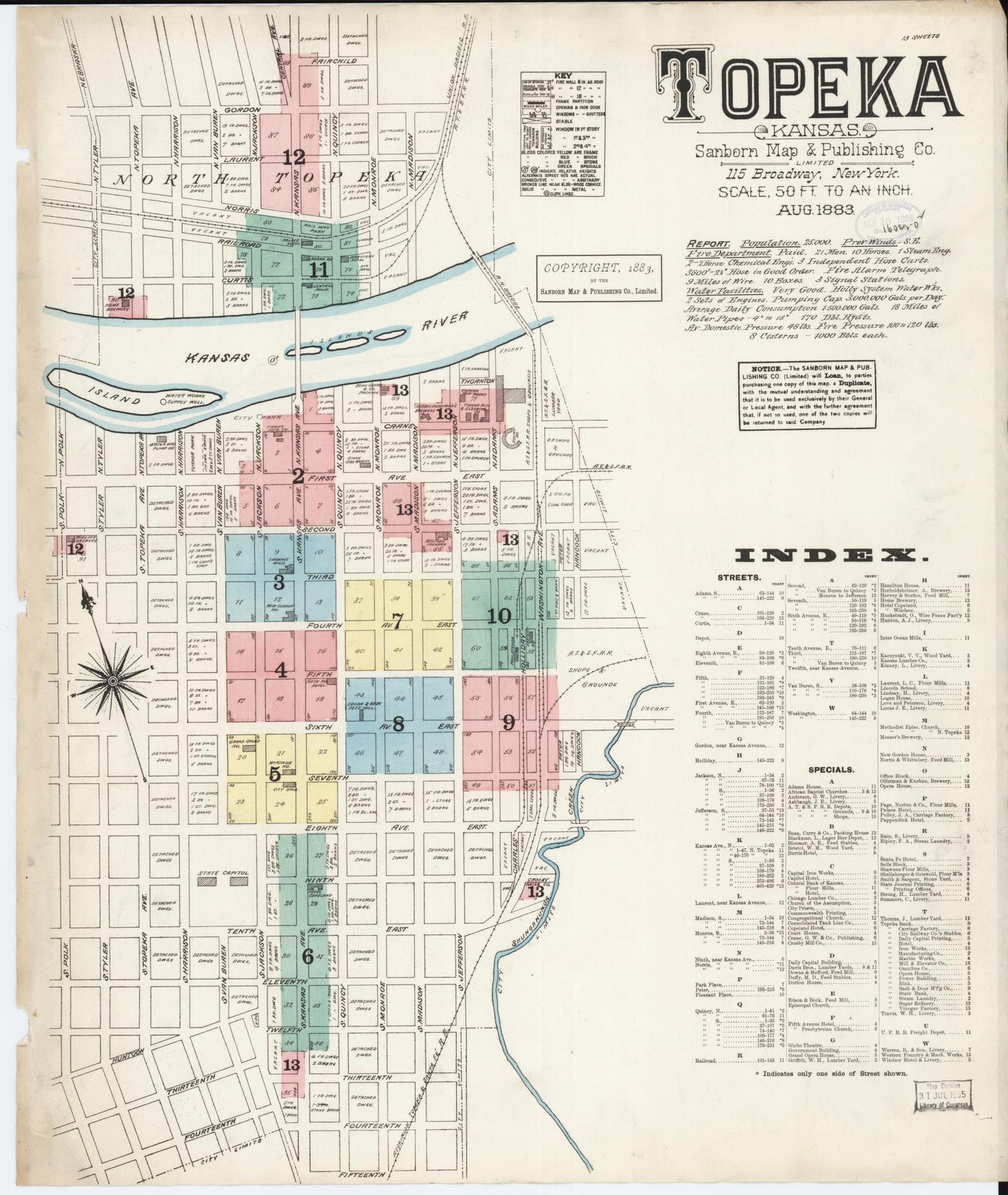 Sanborn Fire Insurance Map from Topeka, Shawnee County, Kansas (1883), Sheet #0001 - Historic Sanborn Fire Insurance Map Print, vintage old map wall art, antique decor, genealogy gift, Kansas Kansas map