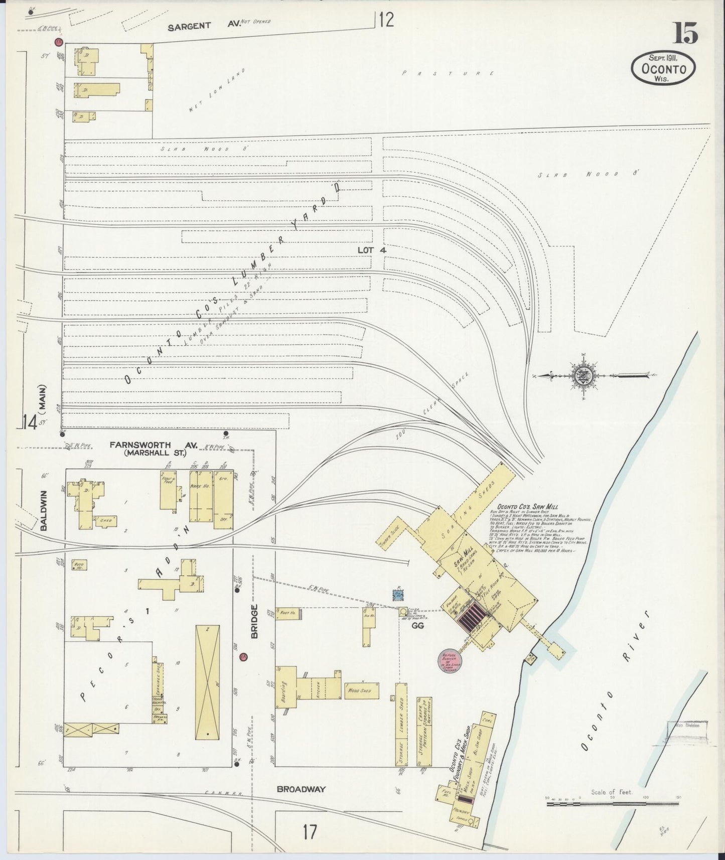 Sanborn Fire Insurance Map from Oconto, Oconto County, Wisconsin (1911), Sheet #0015 - Historic Sanborn Fire Insurance Map Print, vintage old map wall art, antique decor, genealogy gift, Wisconsin Wisconsin map