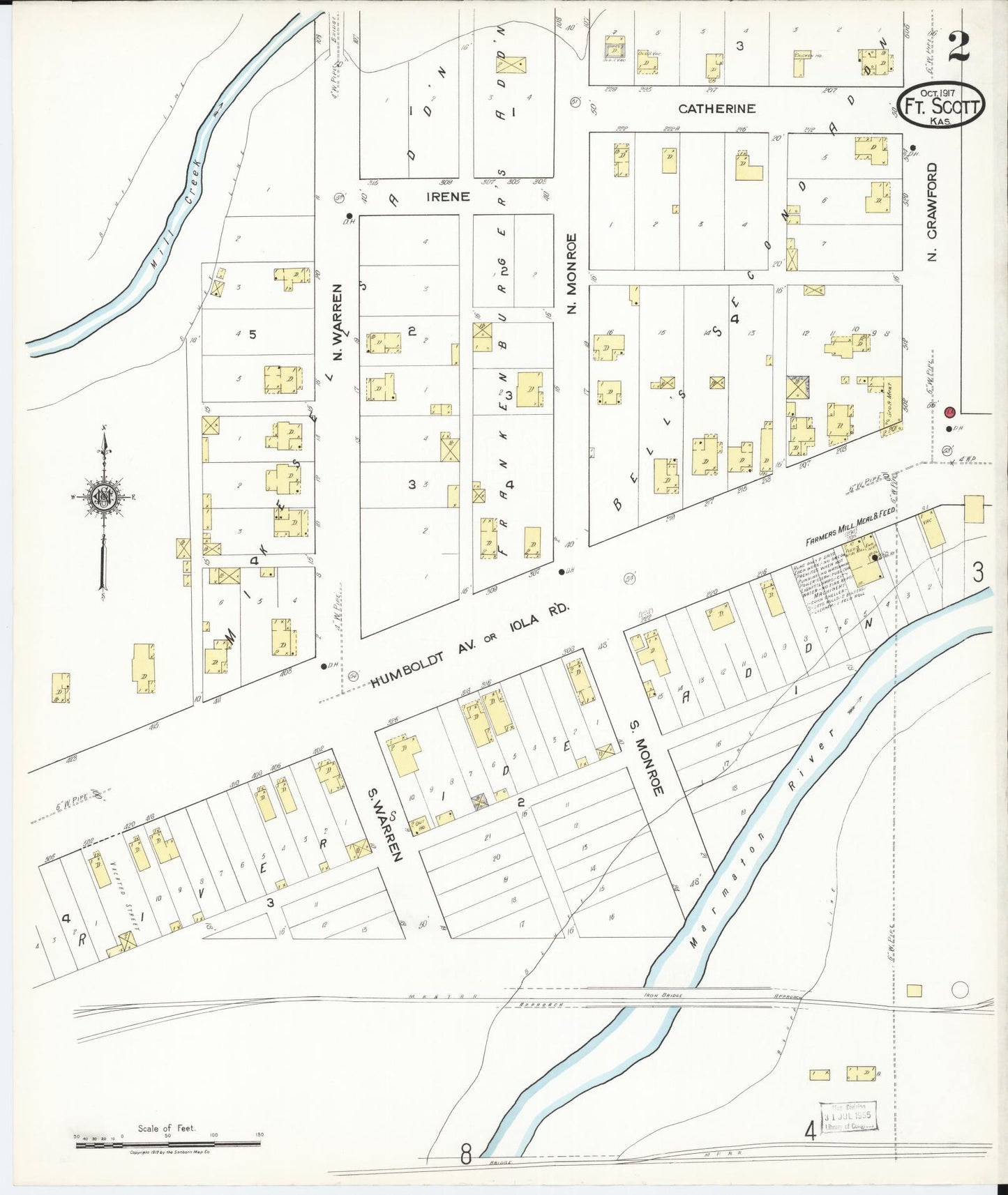 Sanborn Fire Insurance Map from Fort Scott, Bourbon County, Kansas (1917), Sheet #0002 - Historic Sanborn Fire Insurance Map Print, vintage old map wall art, antique decor, genealogy gift, Kansas Kansas map