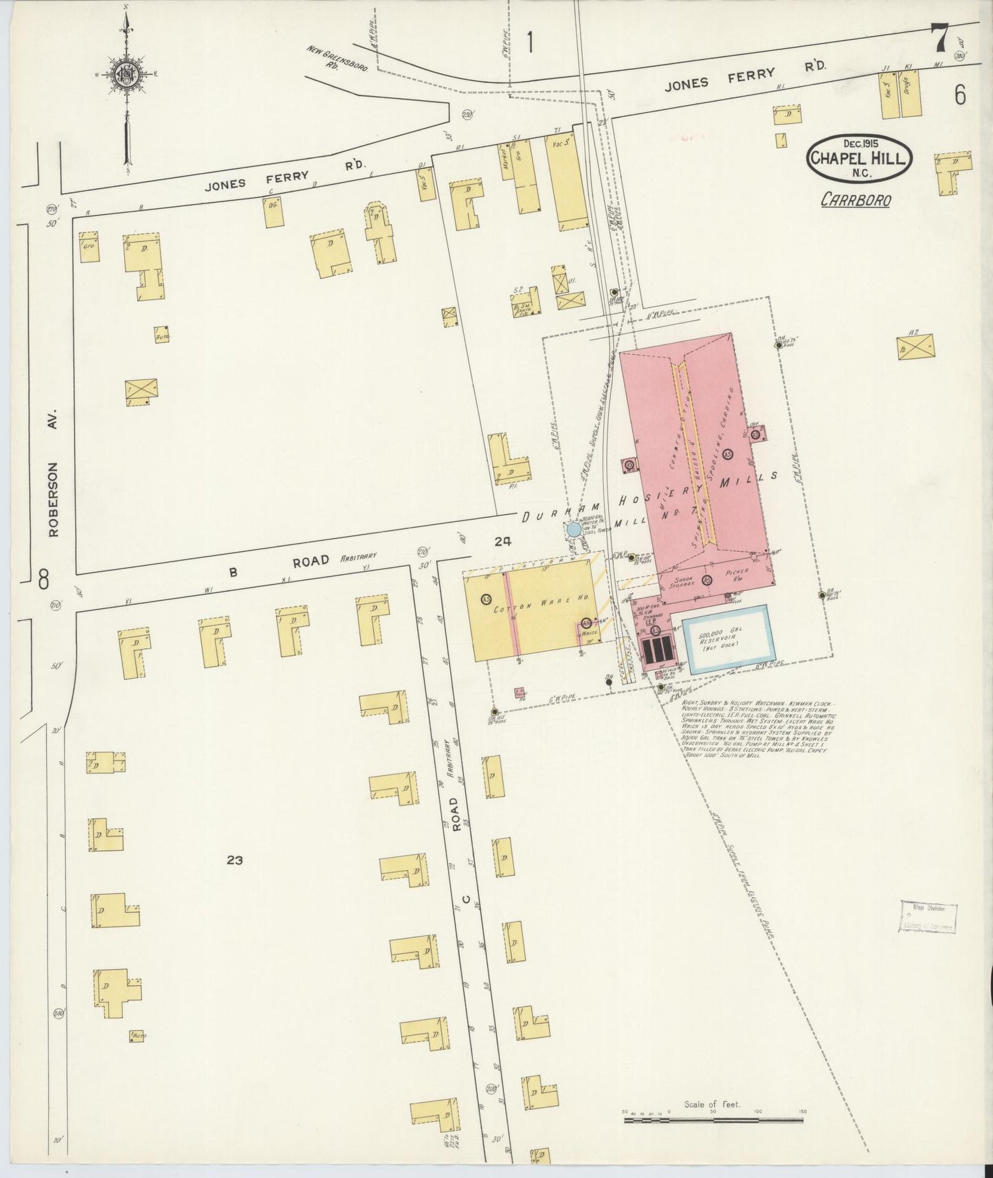 Sanborn Fire Insurance Map from Chapel Hill, Orange County, North Carolina (1915), Sheet #0007 - Historic Sanborn Fire Insurance Map Print, vintage old map wall art, antique decor, genealogy gift, North Carolina North Carolina map