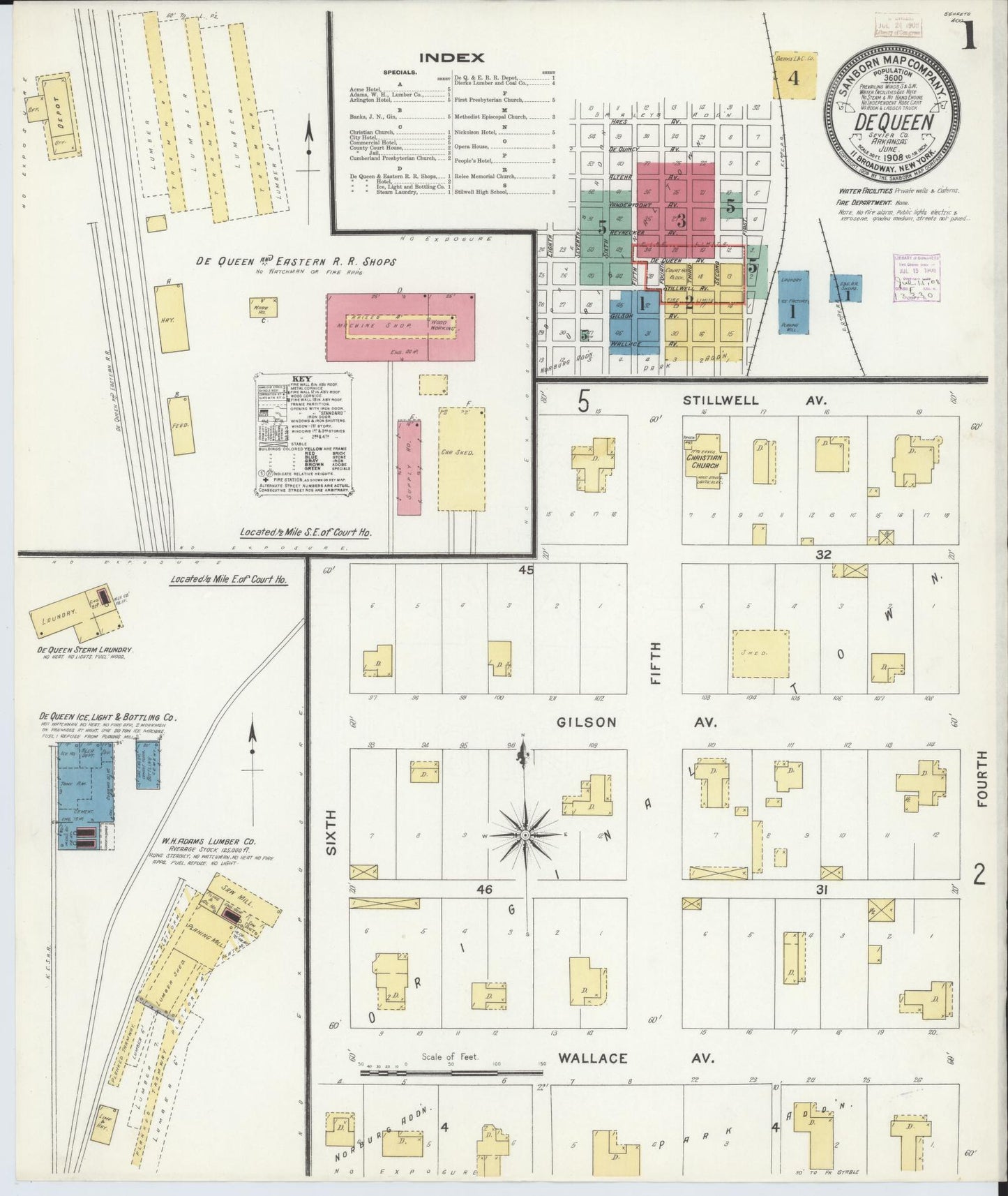 Sanborn Fire Insurance Map from De Queen, Sevier County, Arkansas (1908), Sheet #0001 - Historic Sanborn Fire Insurance Map Print, vintage old map wall art, antique decor, genealogy gift, Arkansas Arkansas map