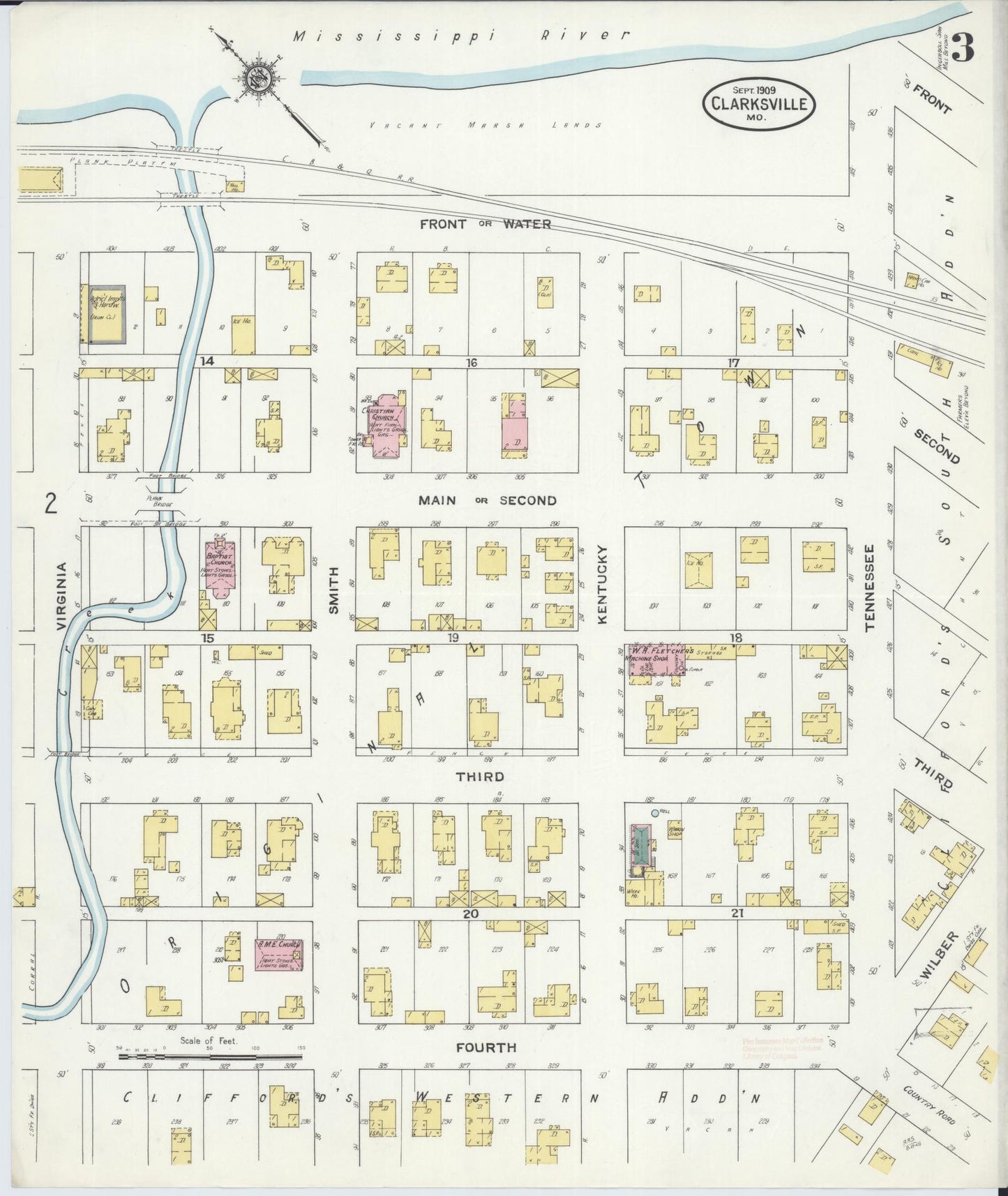 Sanborn Fire Insurance Map from Clarksville, Pike County, Missouri (1909), Sheet #0003 - Complete Map Set gallery image, historic Sanborn map, vintage wall art, Missouri Missouri