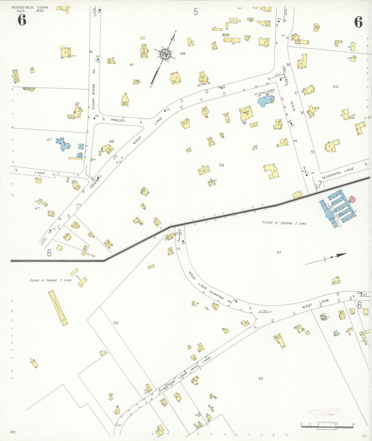 Sanborn Fire Insurance Map from Ridgefield, Fairfield County, Connecticut (1933), Sheet #0006 - Historic Sanborn Fire Insurance Map Print, vintage old map wall art, antique decor, genealogy gift, Connecticut Connecticut map