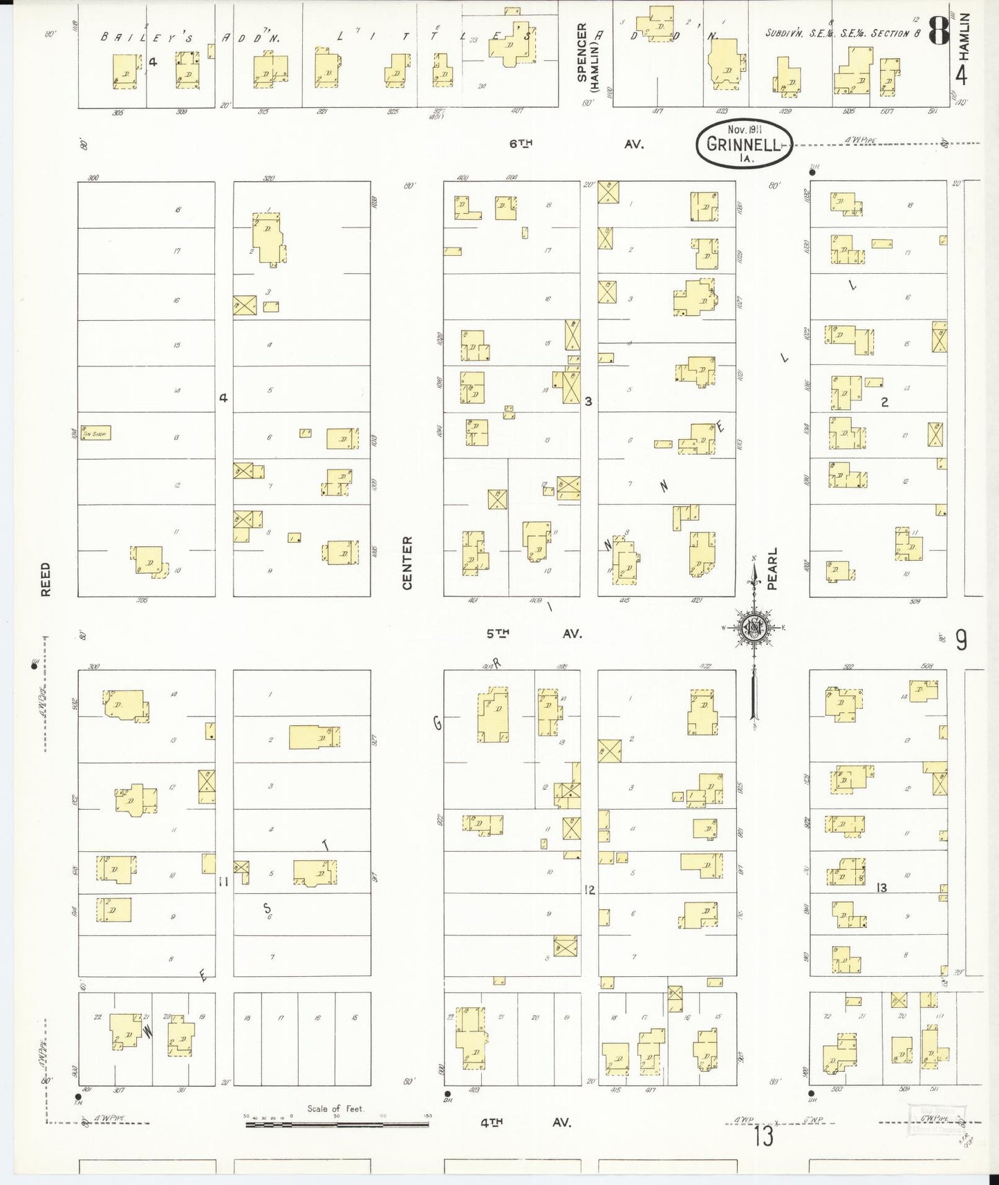 Sanborn Fire Insurance Map from Grinnell, Poweshiek County, Iowa (1911), Sheet #0008 - Historic Sanborn Fire Insurance Map Print, vintage old map wall art