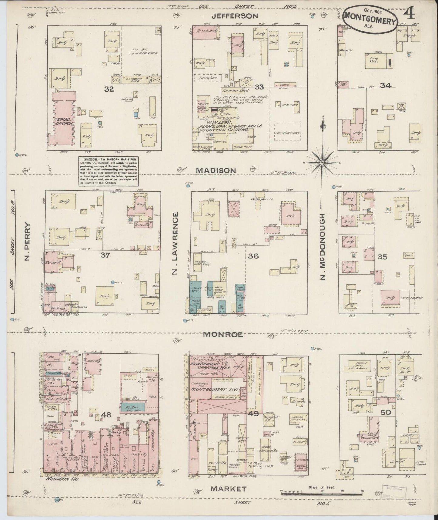 Sanborn Fire Insurance Map from Montgomery, Montgomery County, Alabama (1884), Sheet #0004 - Historic Sanborn Fire Insurance Map Print, vintage old map wall art, antique decor, genealogy gift, Alabama Alabama map