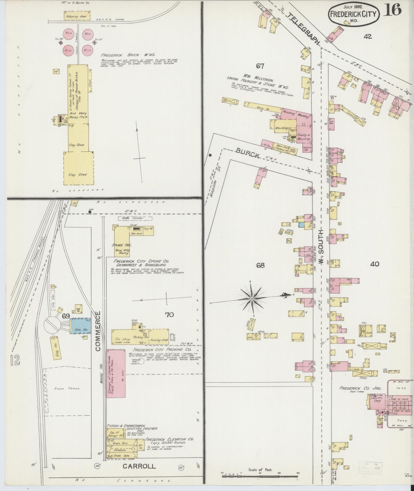 Frederick, Maryland - 1892 - Sanborn Fire Insurance Map, Sheet #0016 - Historic Sanborn Fire Insurance Map Print, Frederick Maryland 1892 0016 vintage old map wall art