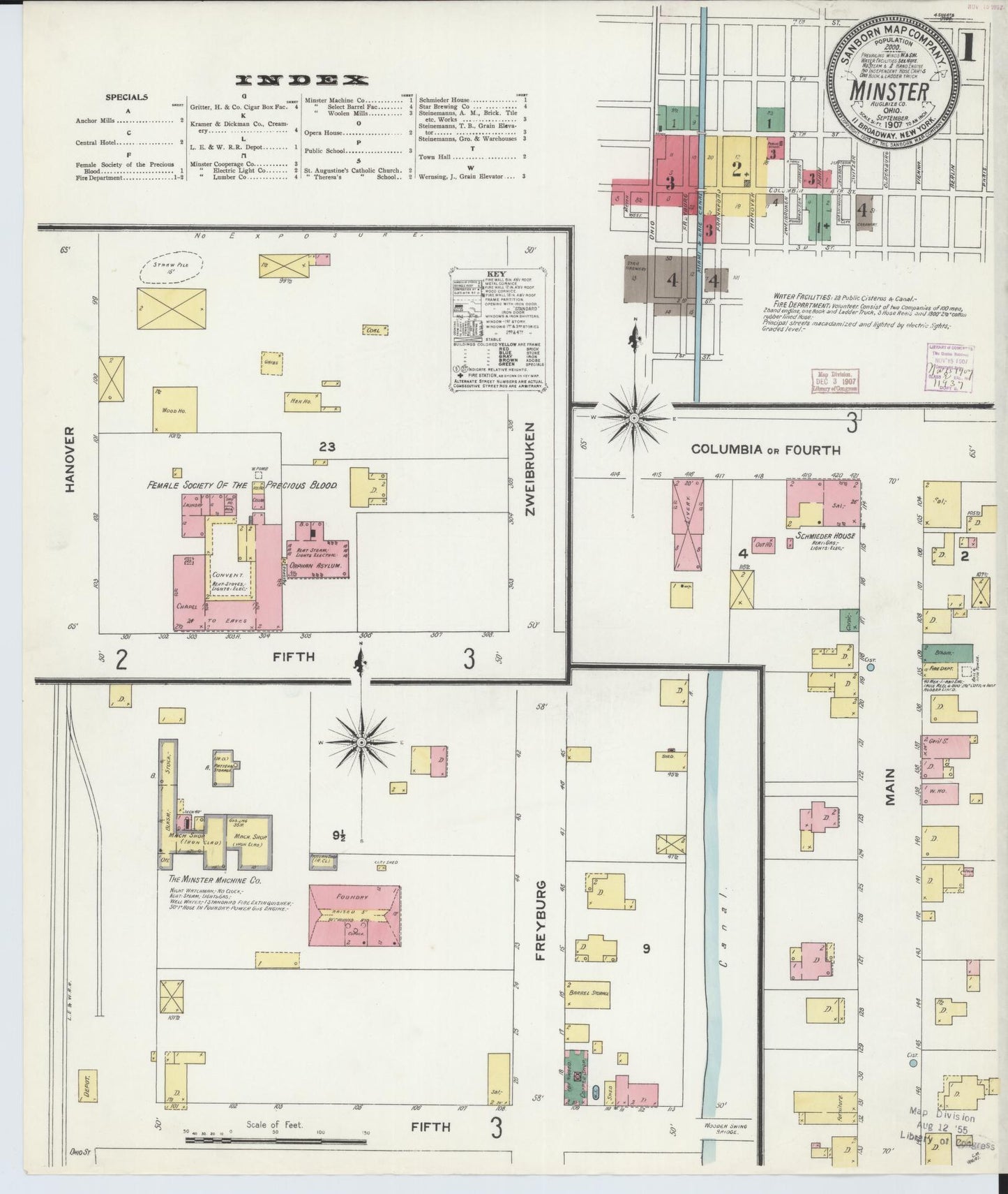 Sanborn Fire Insurance Map from Minster, Auglaize County, Ohio (1907), Sheet #0001 - Historic Sanborn Fire Insurance Map Print, vintage old map wall art, antique decor, genealogy gift, Ohio Ohio map
