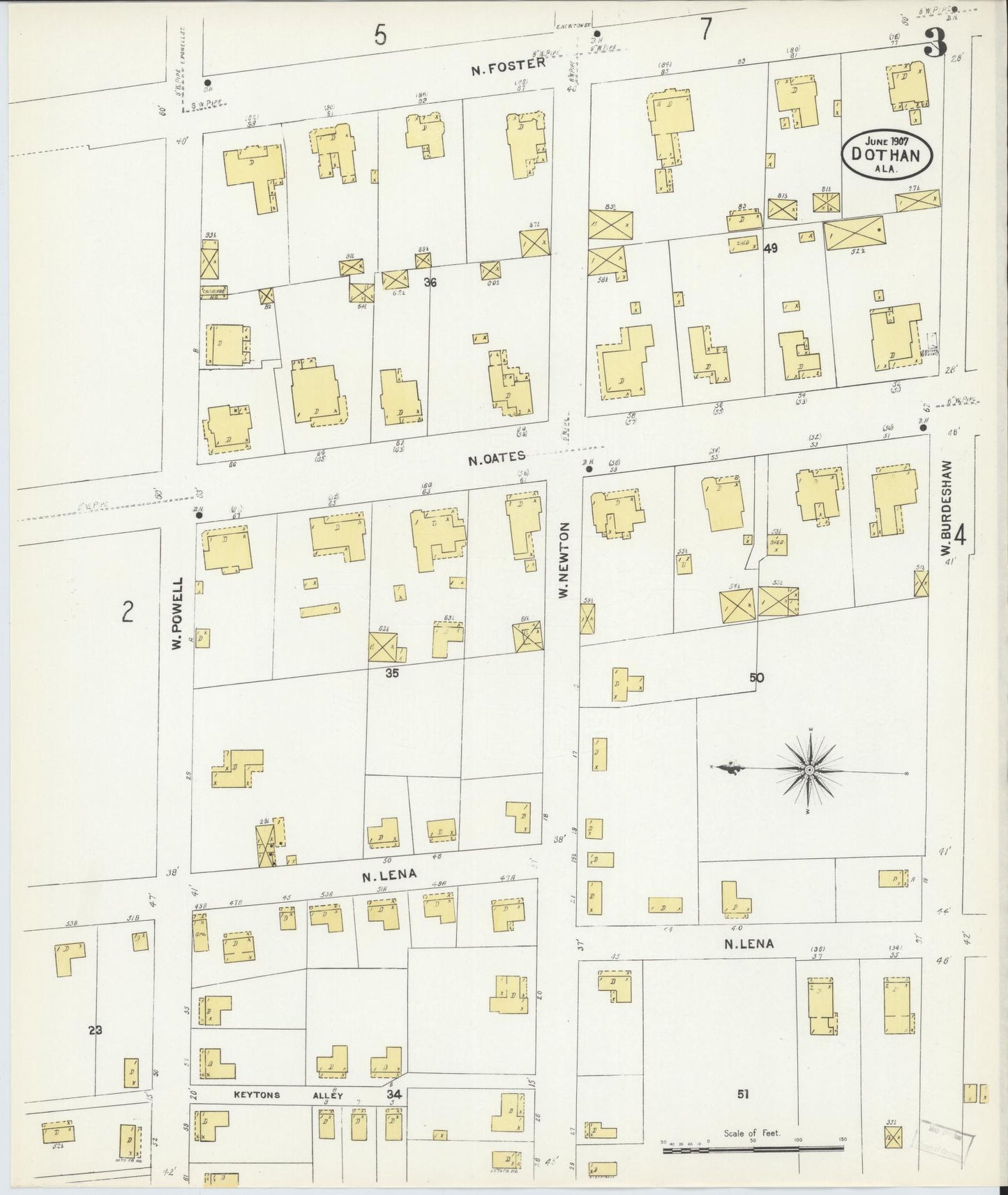 Sanborn Fire Insurance Map from Dothan, Houston County, Alabama (1907), Sheet #0003 - Historic Sanborn Fire Insurance Map Print, vintage old map wall art, antique decor, genealogy gift, Alabama Alabama map