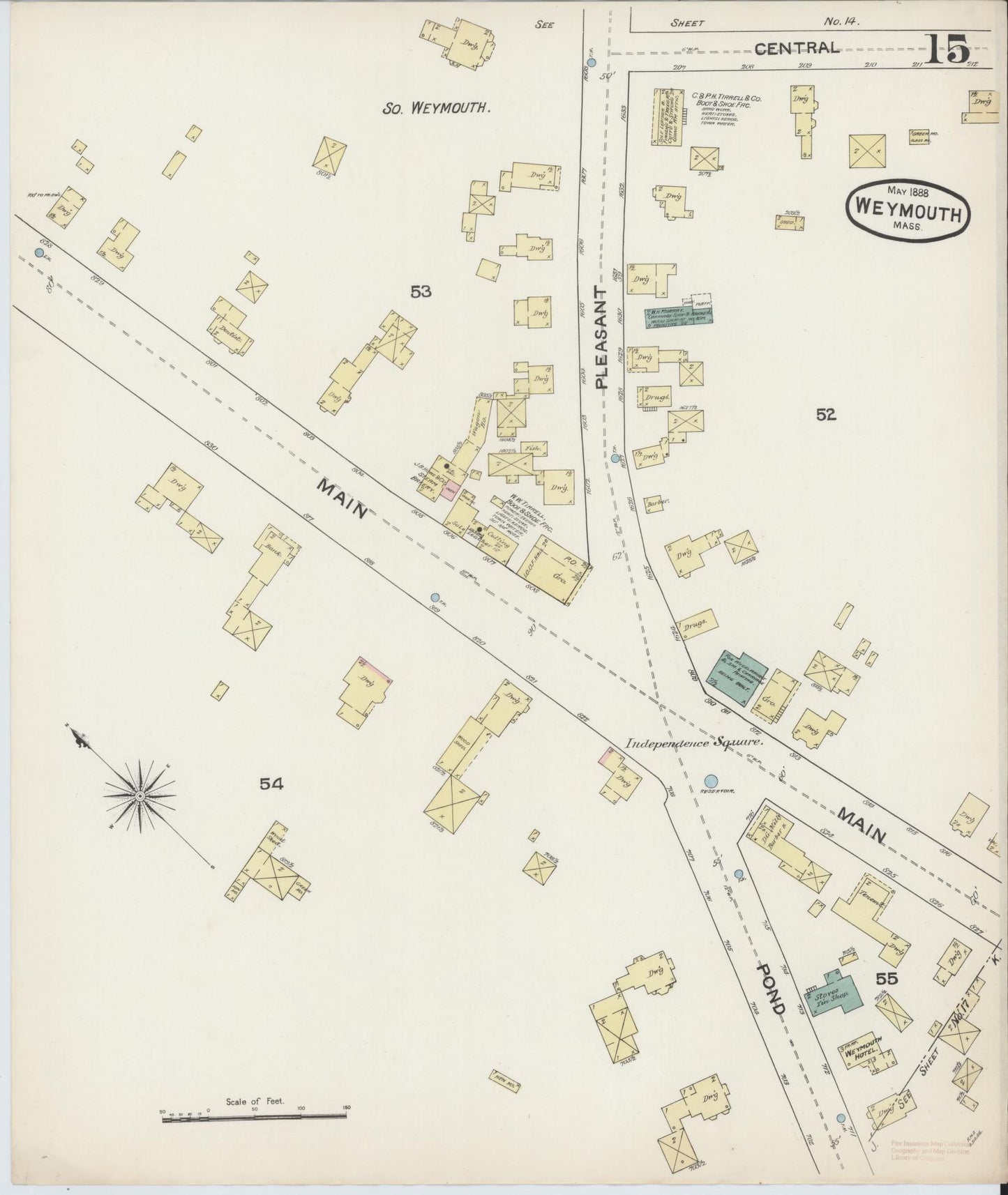 Sanborn Fire Insurance Map from Weymouth, Norfolk County, Massachusetts (1888), Sheet #0015 - Historic Sanborn Fire Insurance Map Print, vintage old map wall art, antique decor, genealogy gift, Massachusetts Massachusetts map